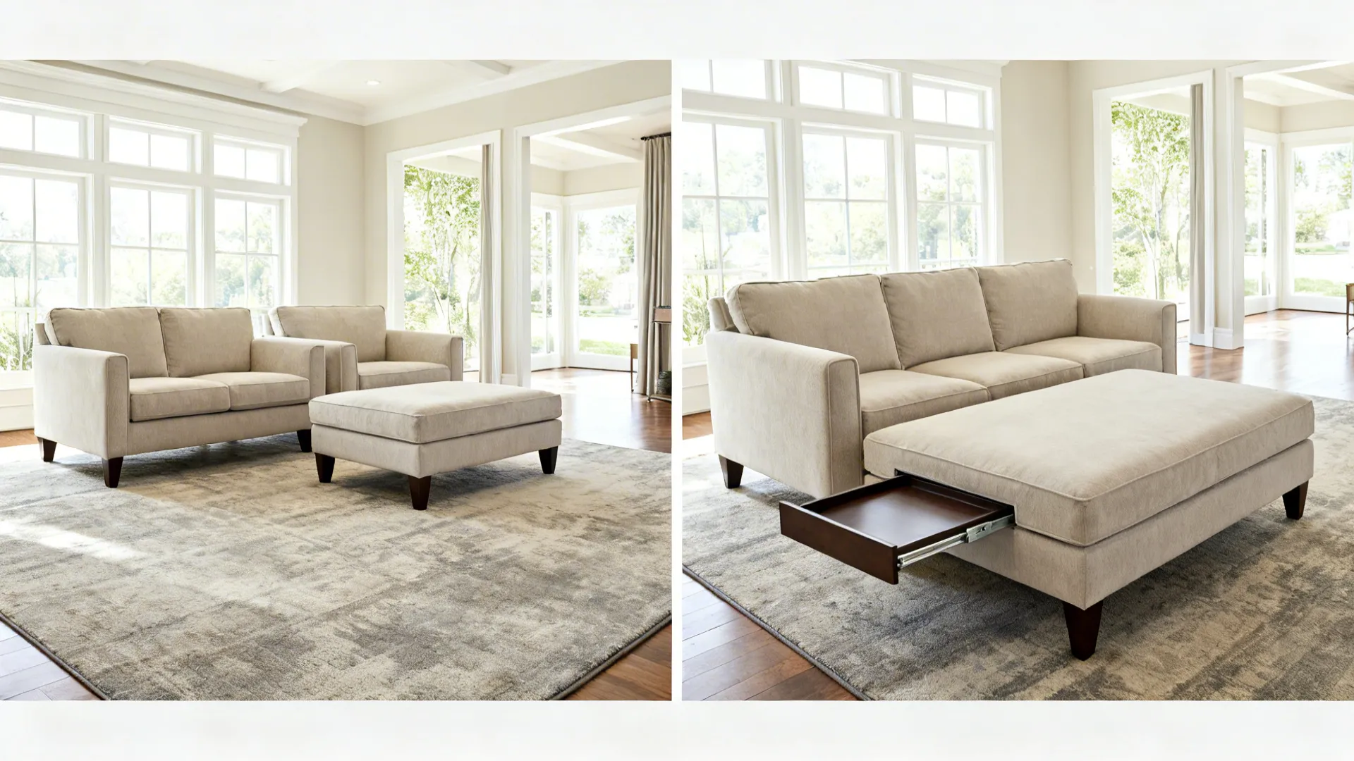 Living room with two beige sofas wood floor and rug showing recommended furniture layout measurements