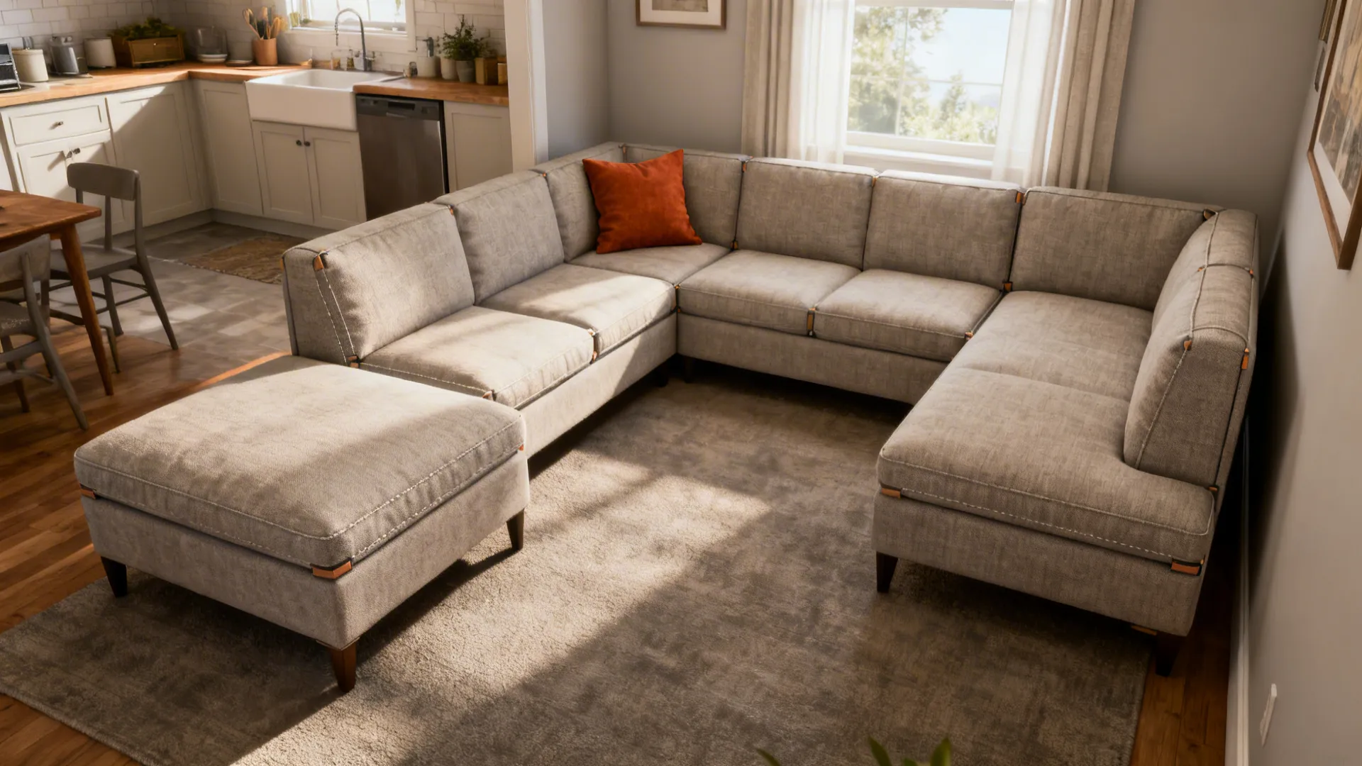 Modular mini-sectional arranged as ottoman, armless sofa, and chaise in a small living room.