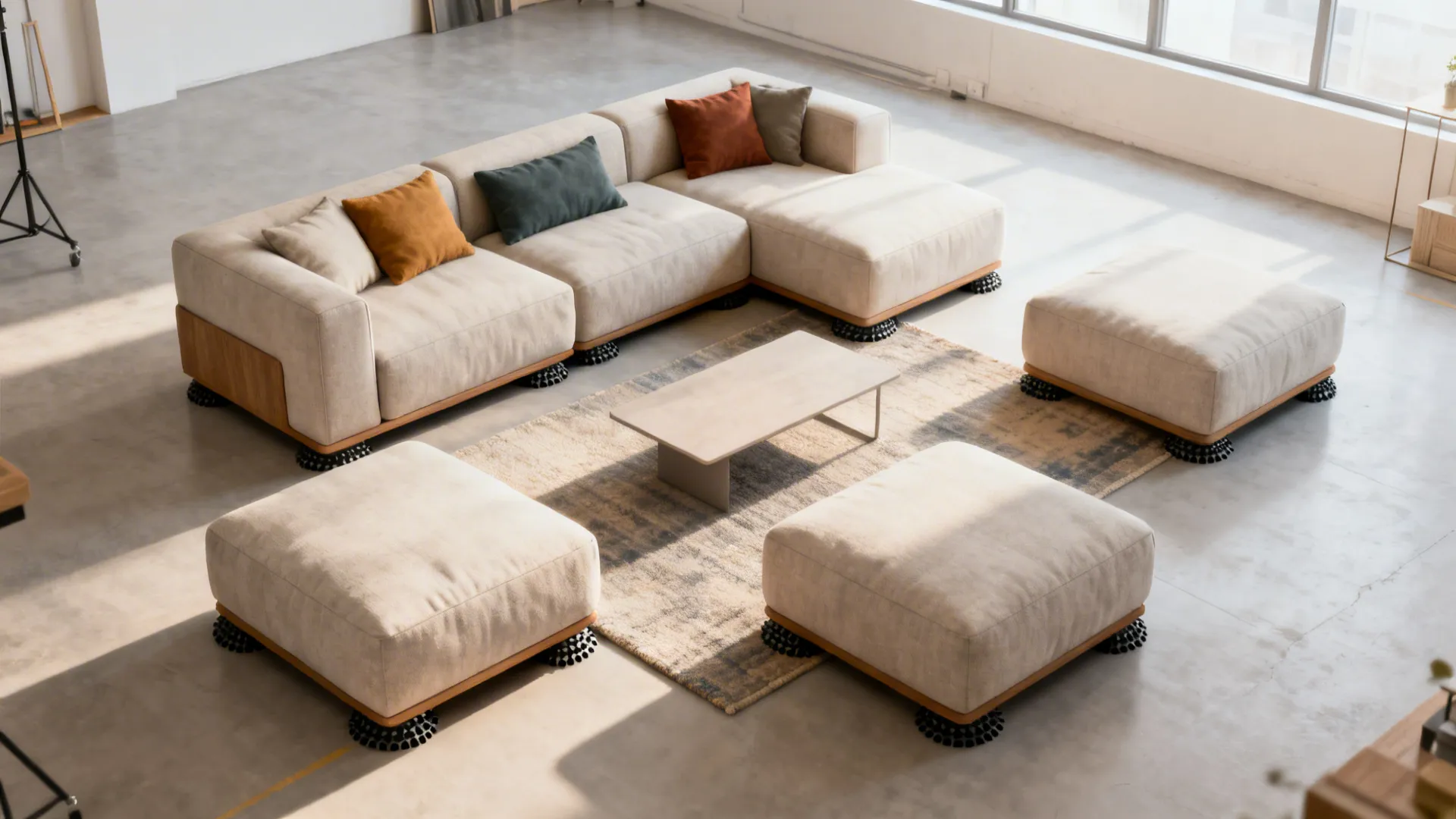 Top-down view of modular mini sofa modules arranged as seating and ottomans showing layout flexibility
