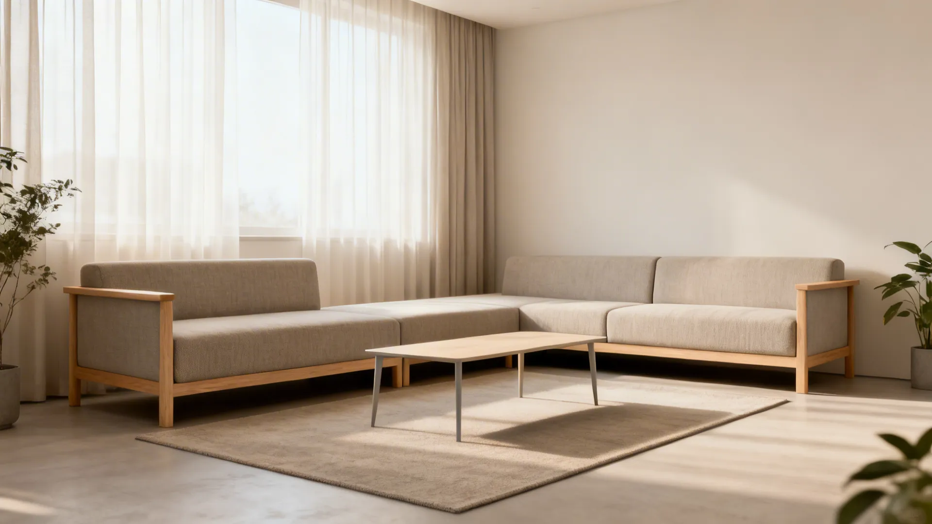 Minimalist modular sofa set with slim arms in a bright compact living room.