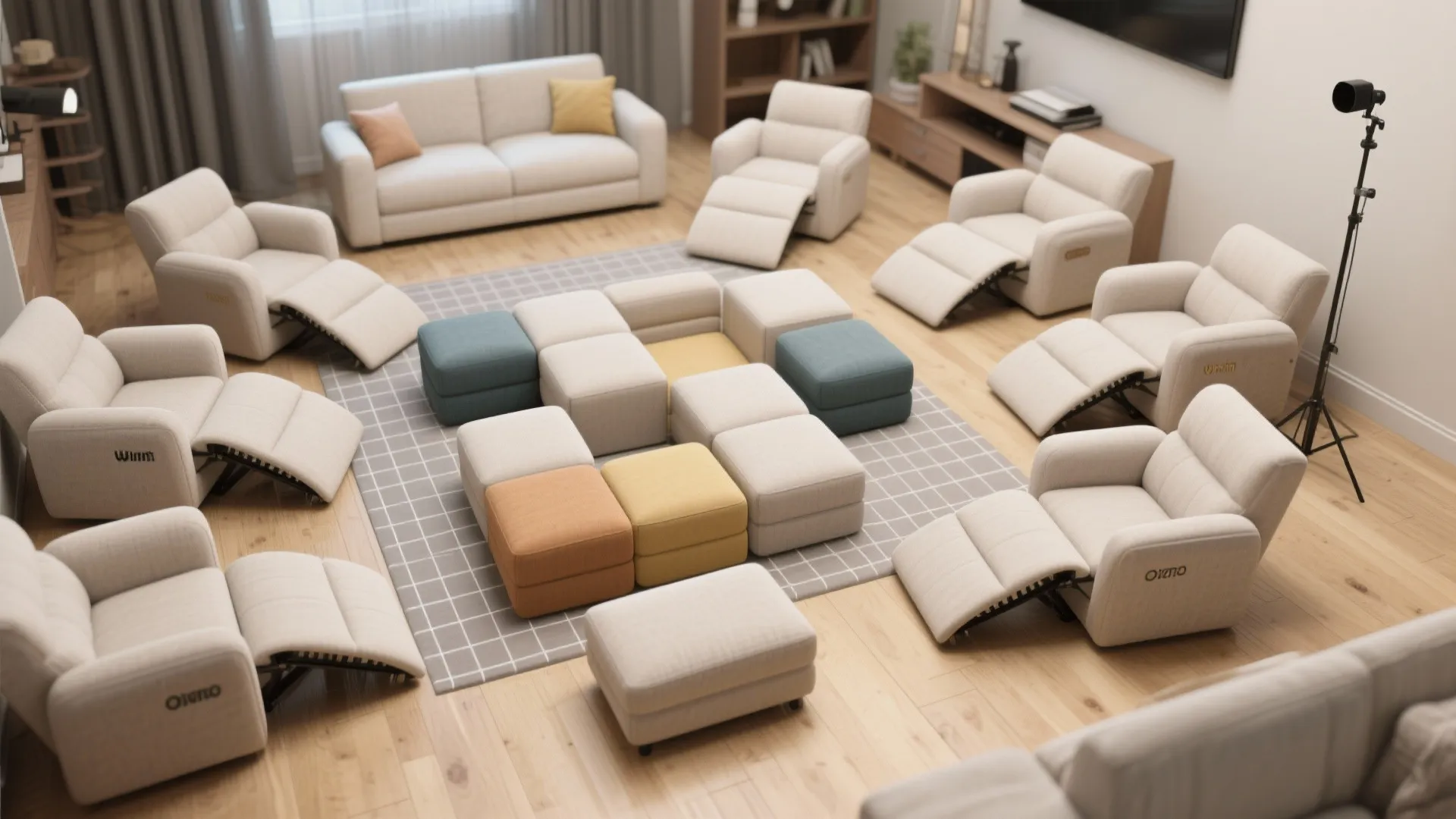 Spacious living room featuring many beige sofas arranged in a circle around colorful square footrests