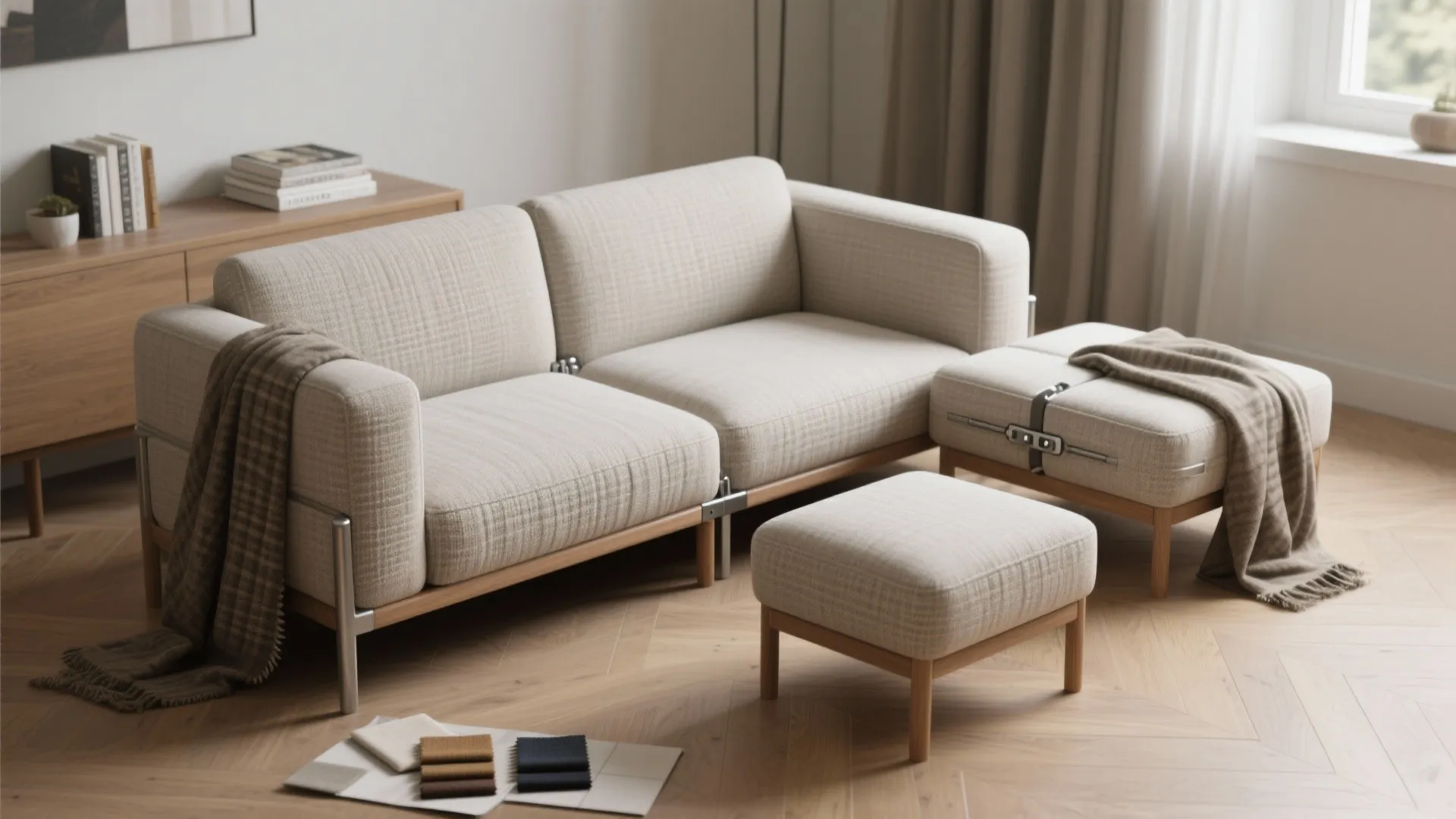 Modern cream sofa with wooden legs and matching footrest set on a light herringbone floor
