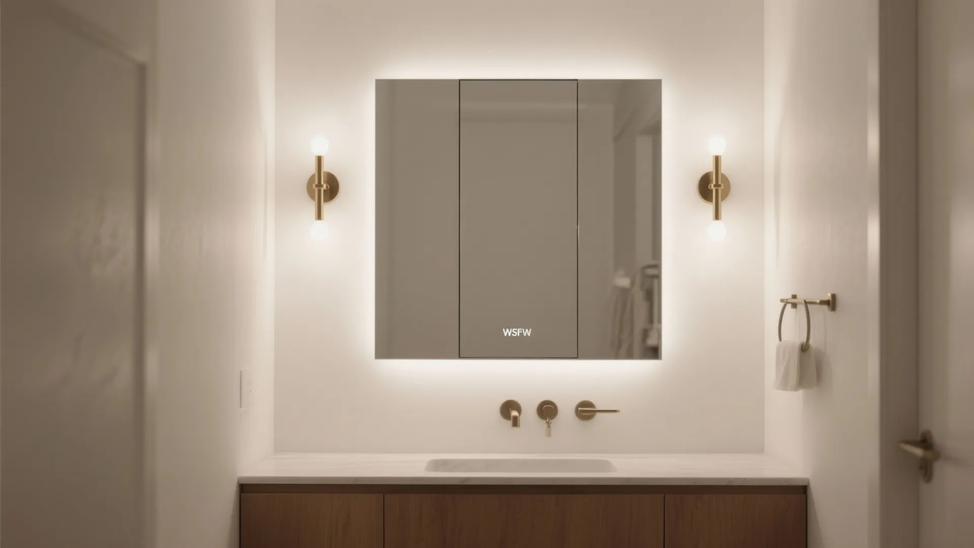 Vanity wall with backlit mirror, recessed medicine cabinet, and warm dimmable sconces in a compact bathroom.