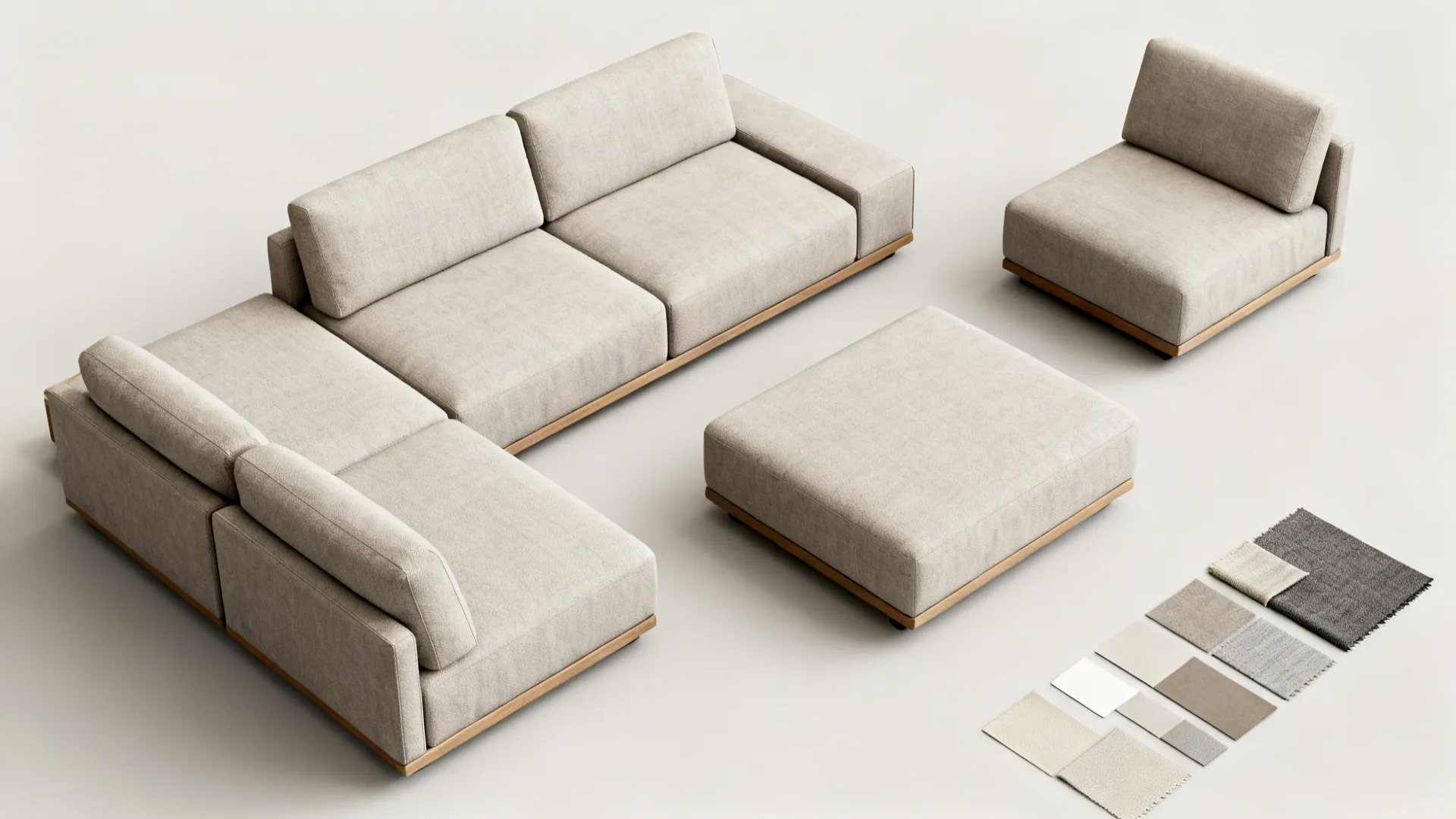Flatlay of modular sofa pieces and fabric swatches showing mix-and-match options and washable fabrics.