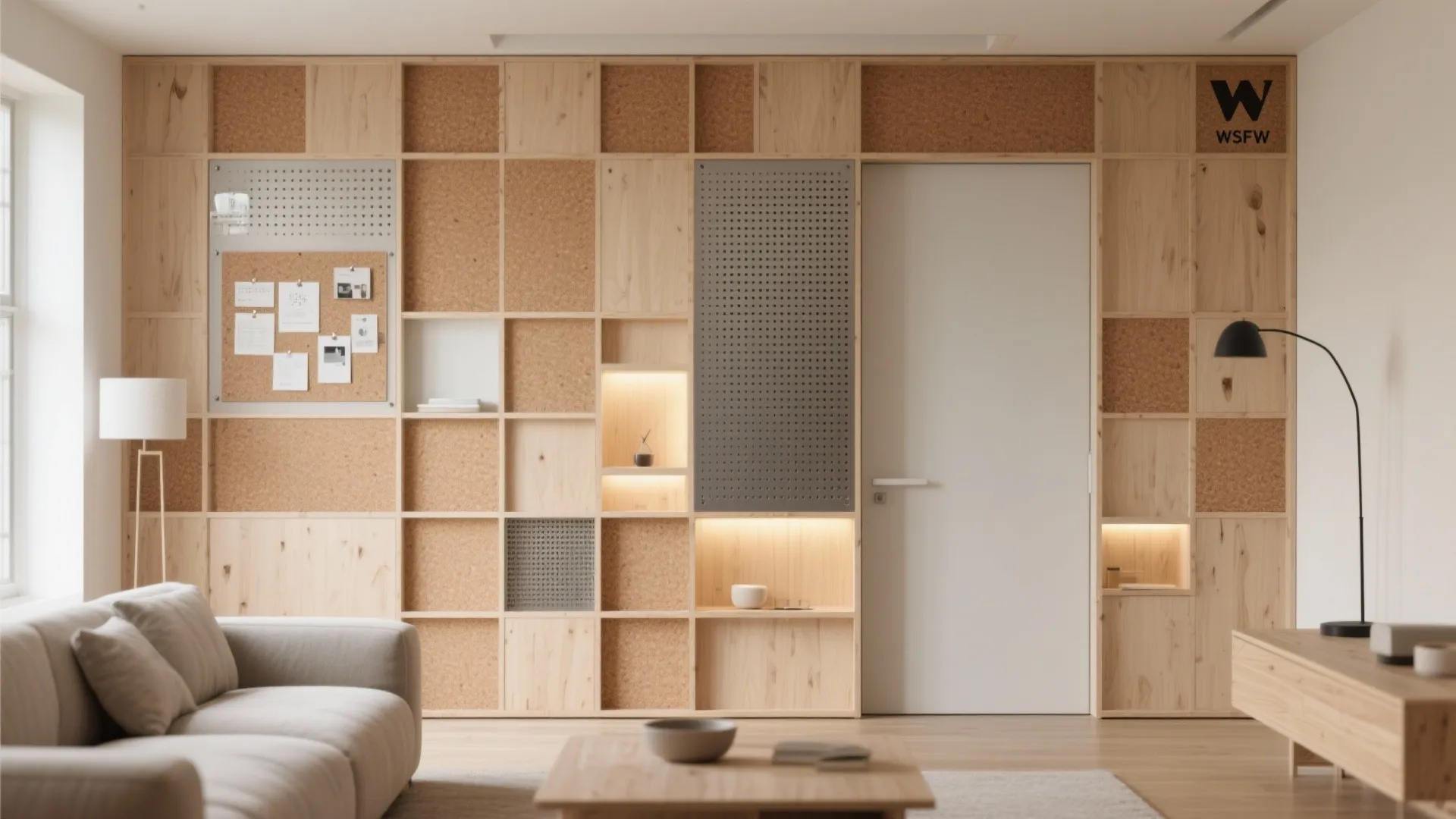 Modular CNC wall grid mixing cork, perforated metal, and backlit panels with a concealed door in a small living room.