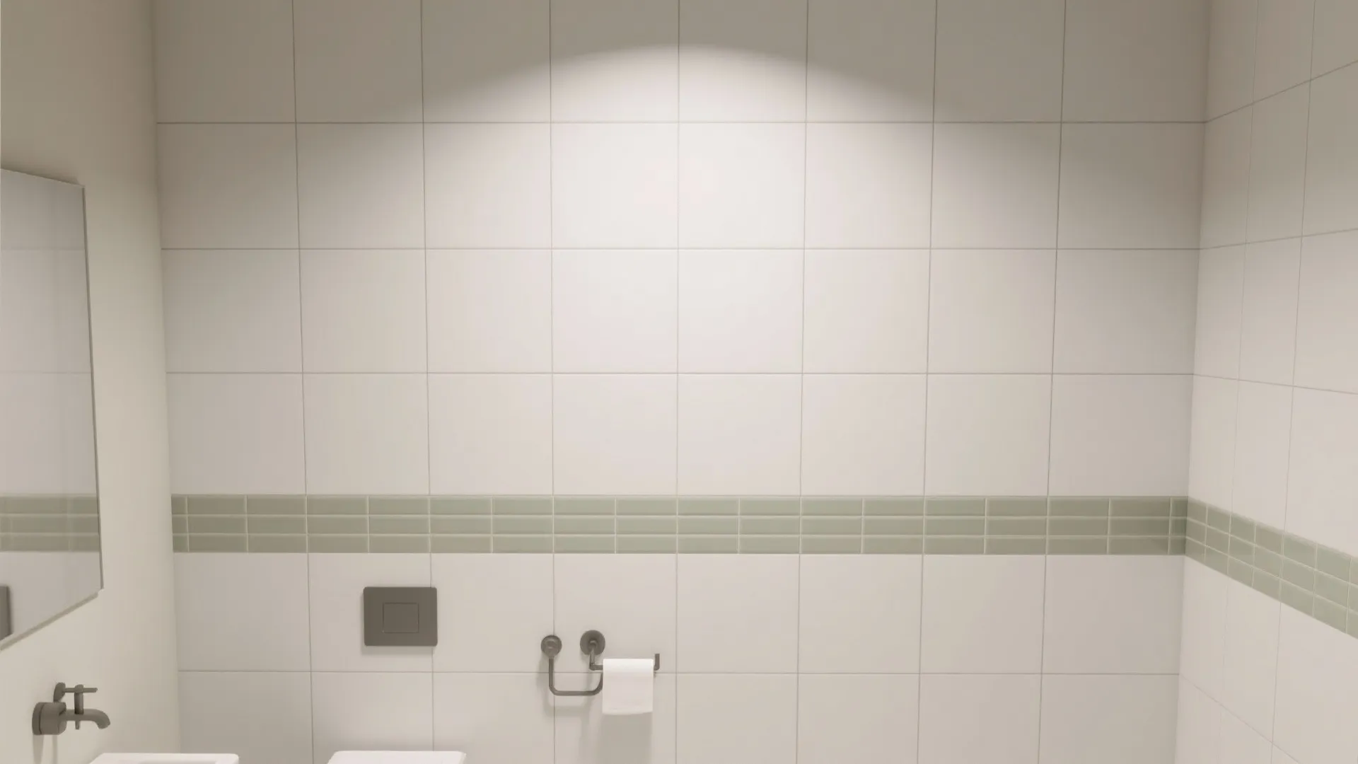 White bathroom wall tiles with a green horizontal border above a metal toilet paper holder
