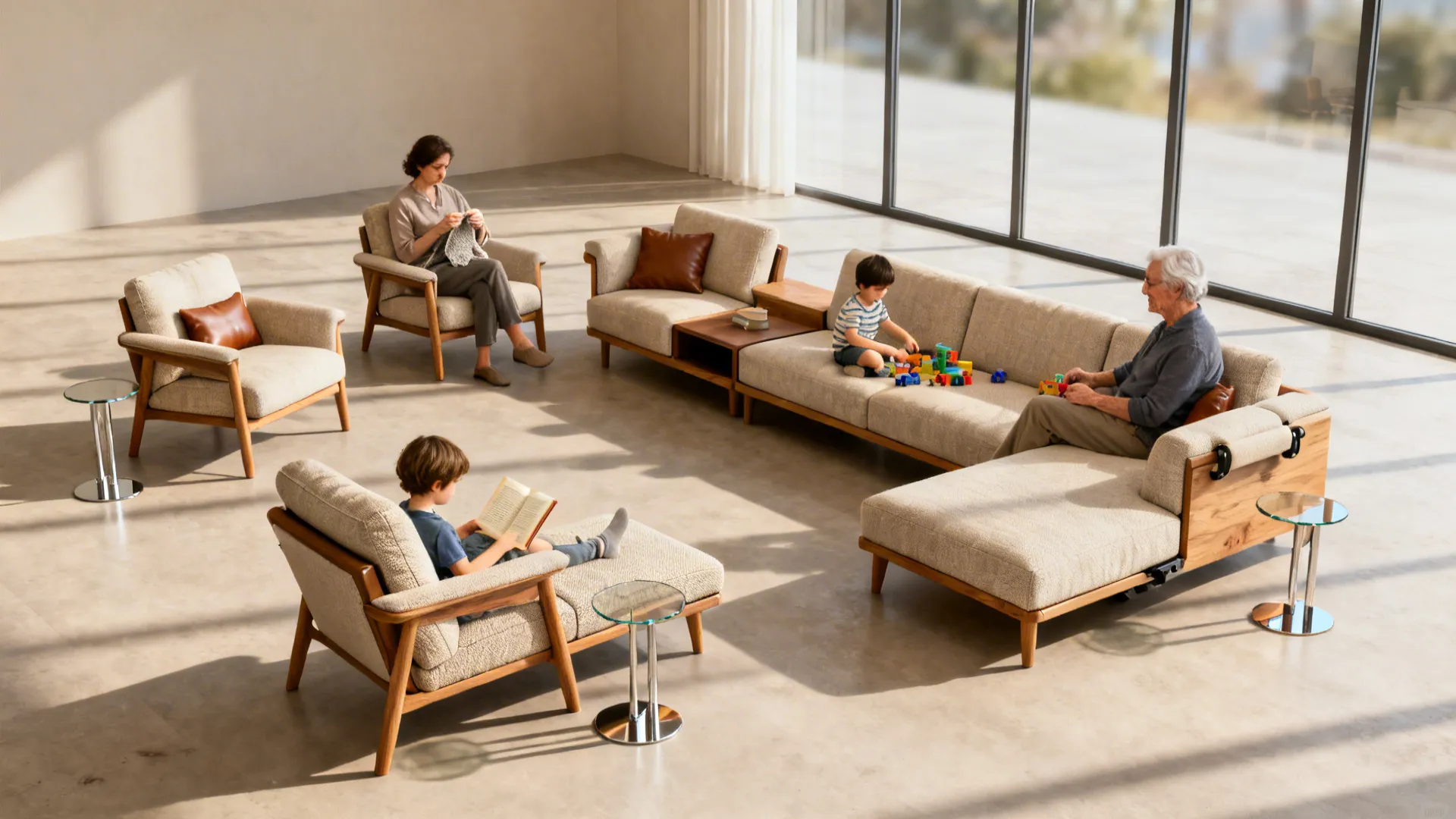 Modular seating mix of compact chairs, petite sofa, and low chaise arranged for flexibility