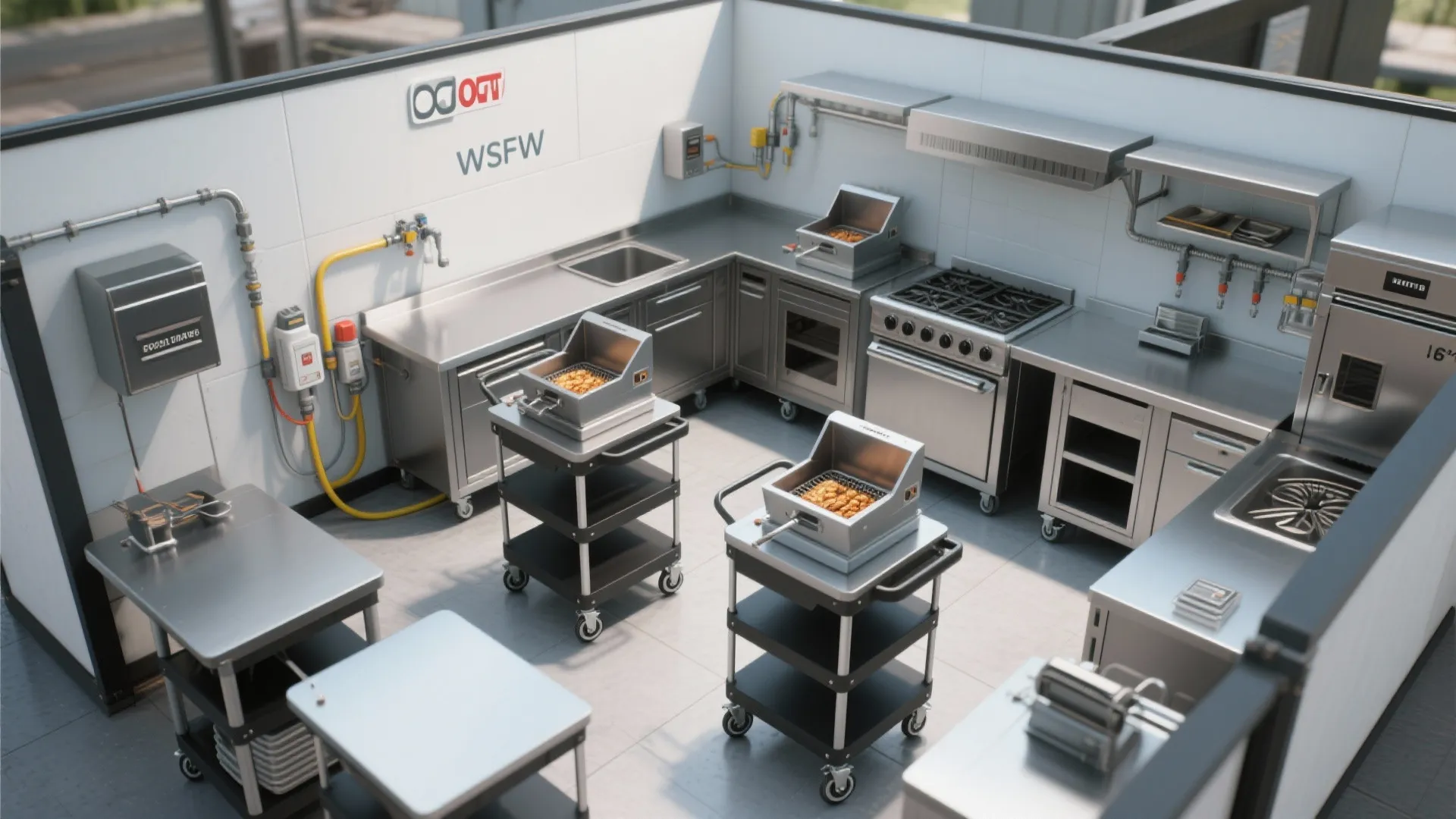 Top-down view of modular carts and mobile fryers arranged in a tiny kitchen with quick-connect hookups