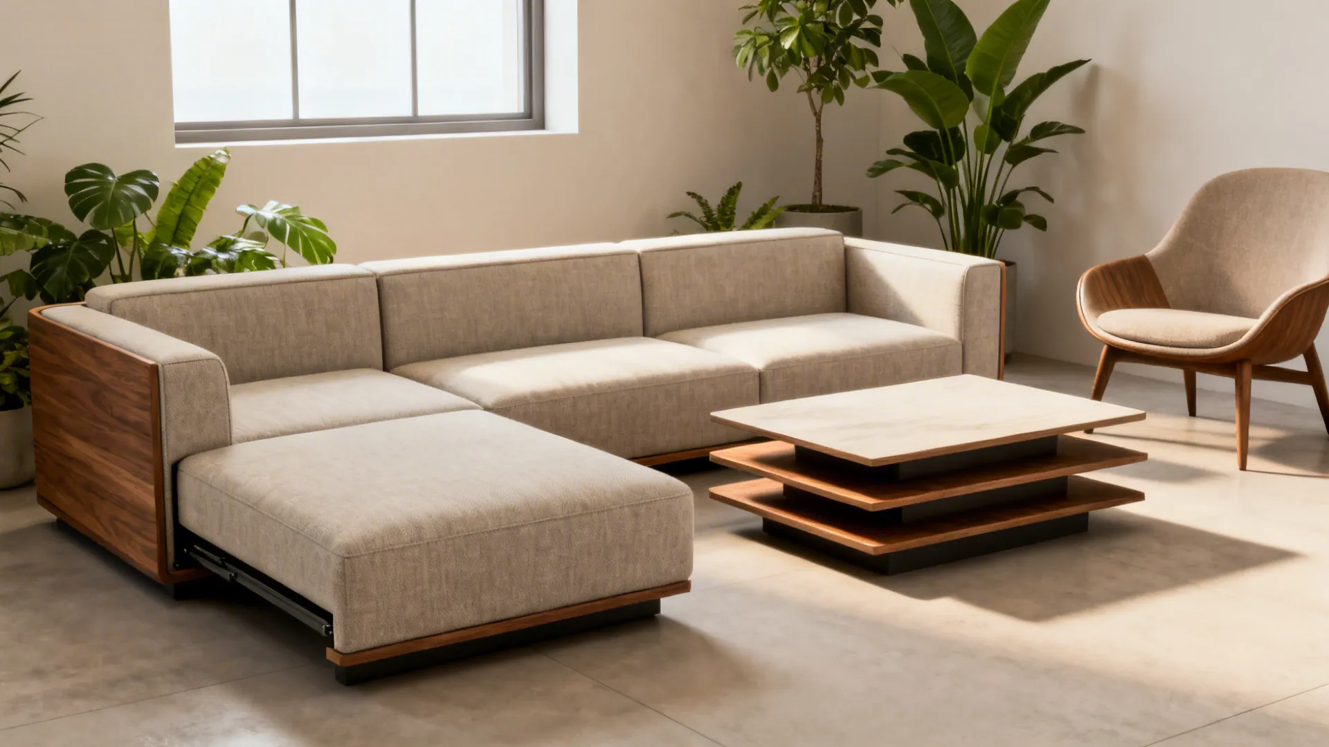 1. Slim-profile modular sofa, nesting coffee table, and accent chair