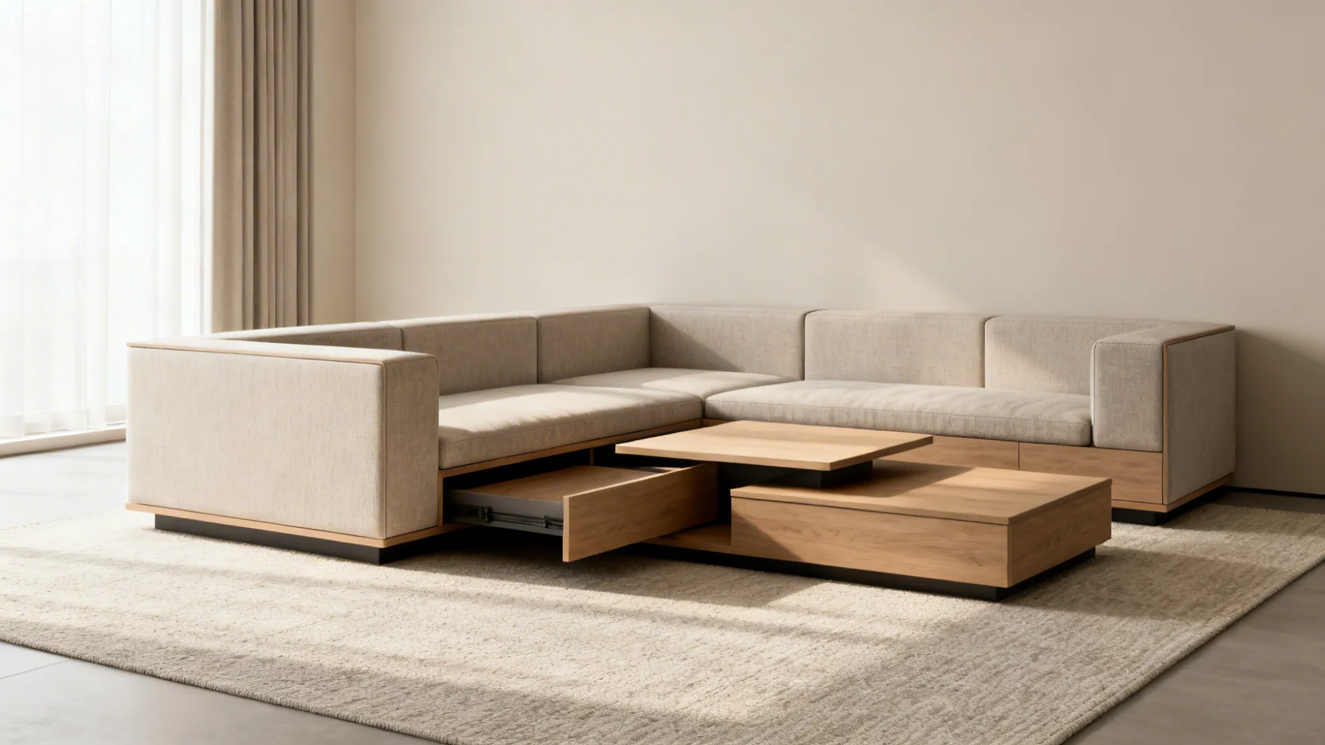 Low-profile modular sofa with nesting coffee tables in a small living room