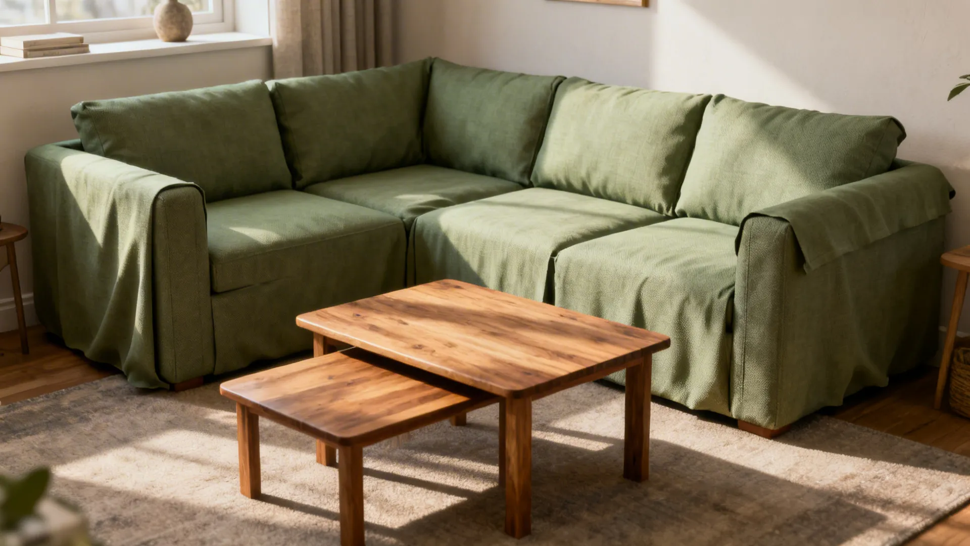 Compact modular green sofa with nesting wooden coffee tables in a small living room.
