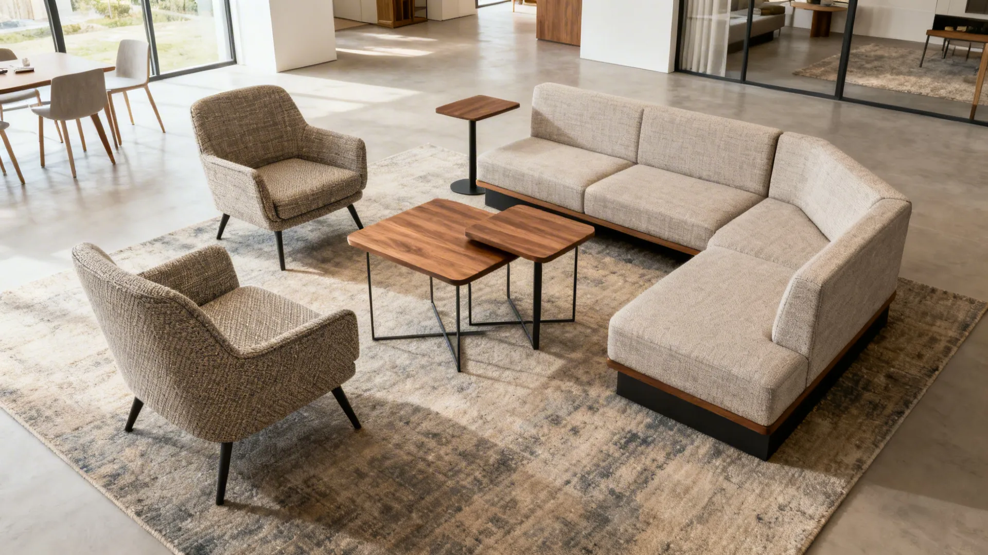 Small living room with modular seating and nesting tables arranged for flexibility and clear walkways.