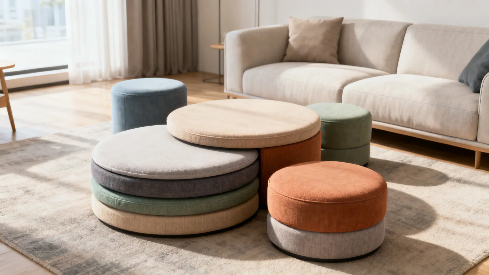 Set of modular round ottomans that nest and stack in a small living room for flexible seating and table use.