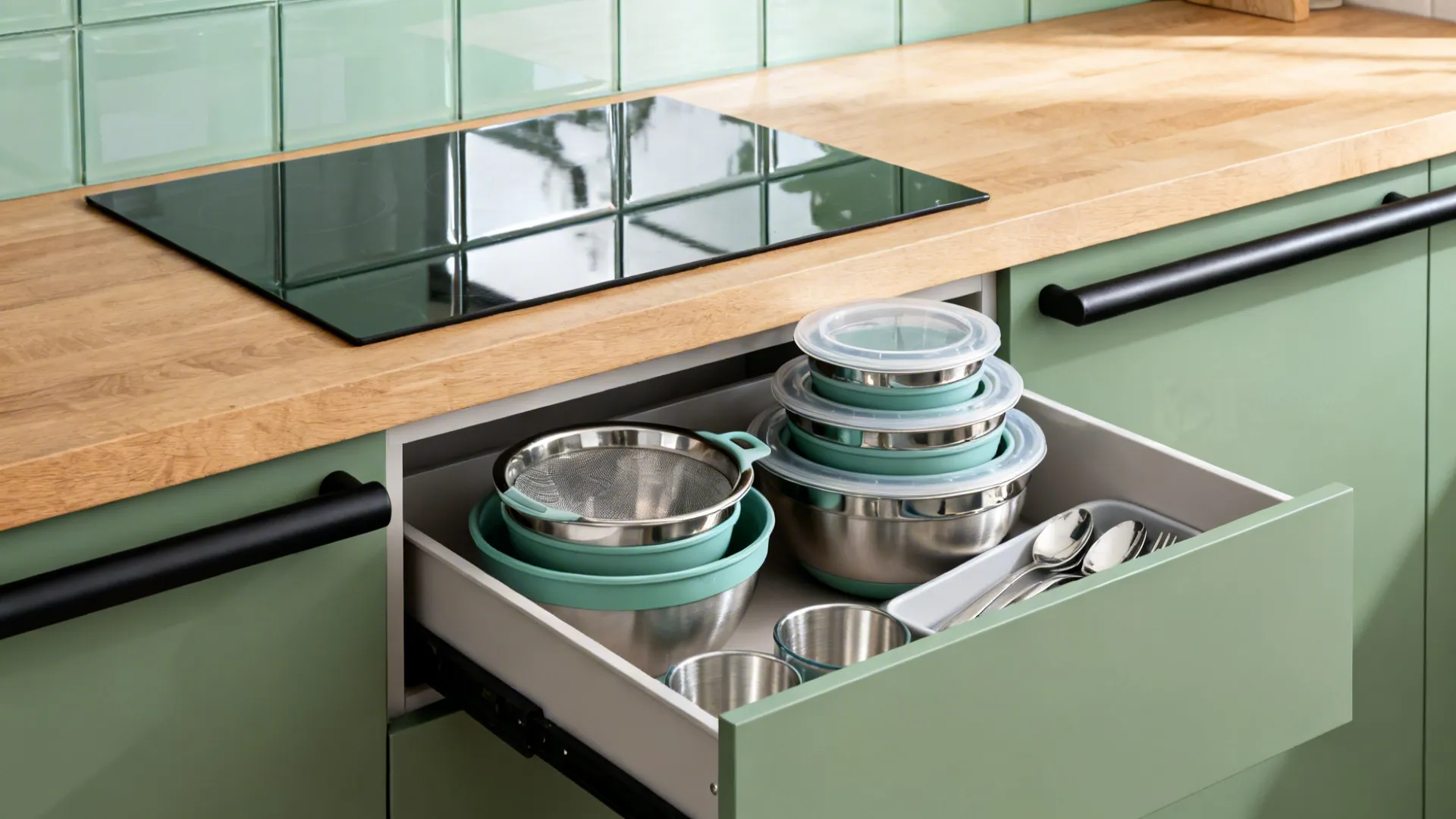 Open green kitchen drawer storage showing nesting metal bowls with lids and a silverware tray