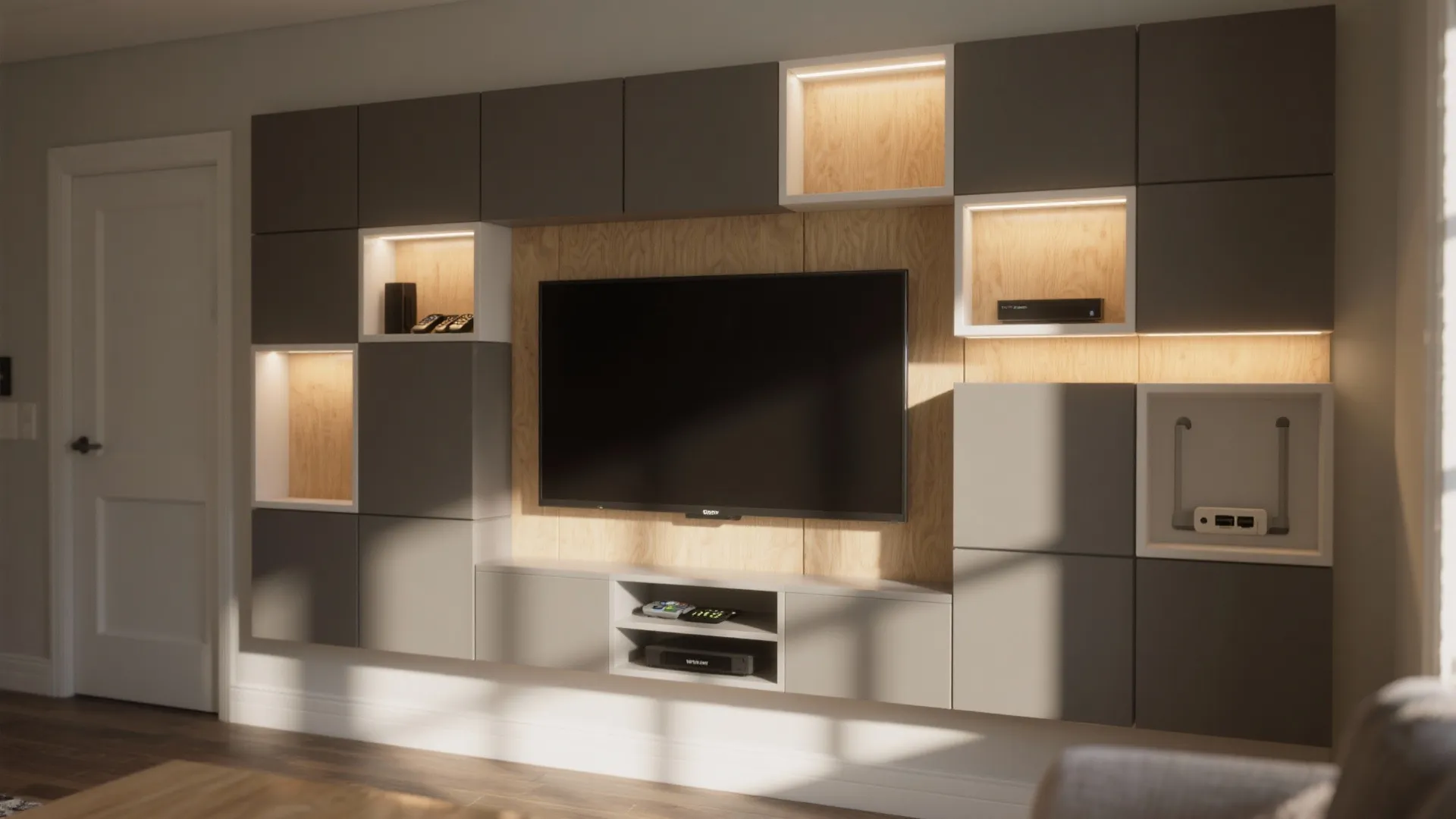 Modern grey cabinet wall with built-in wood niches and a large flat screen television display
