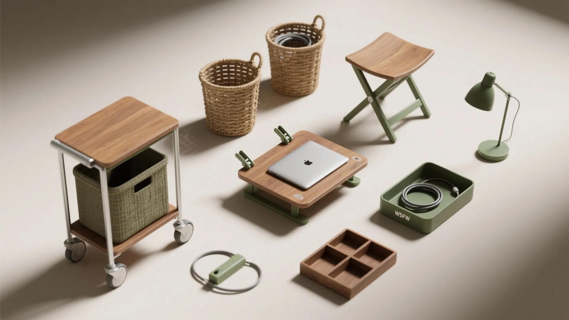 Office accessories including wooden cart laptop stand wicker baskets small green stool and desk lamp