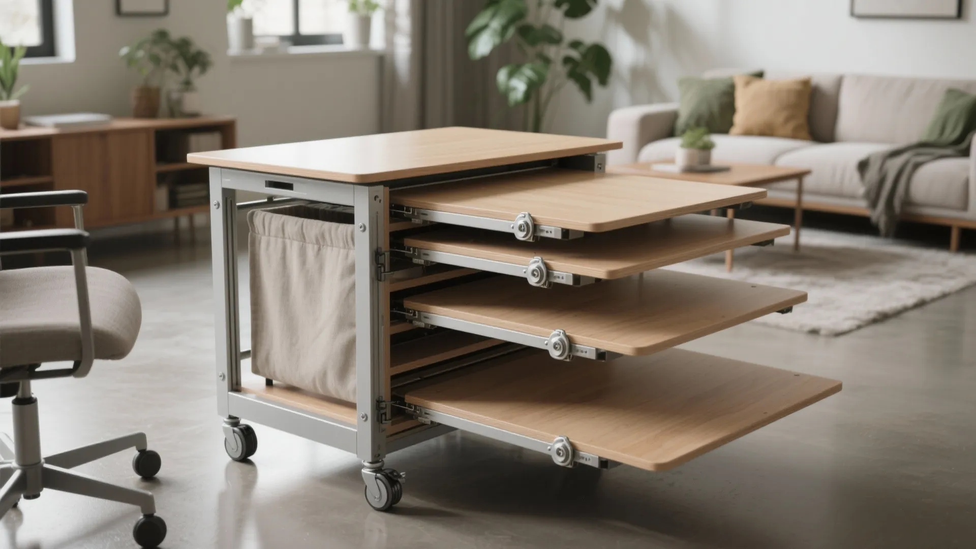 5. Modular desk on casters — plug, pull, and roll away