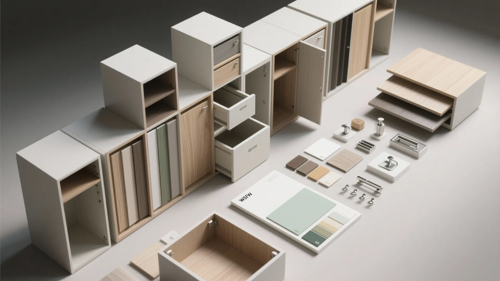 Modular white and wood cabinet components with various door samples and hardware accessories for furniture