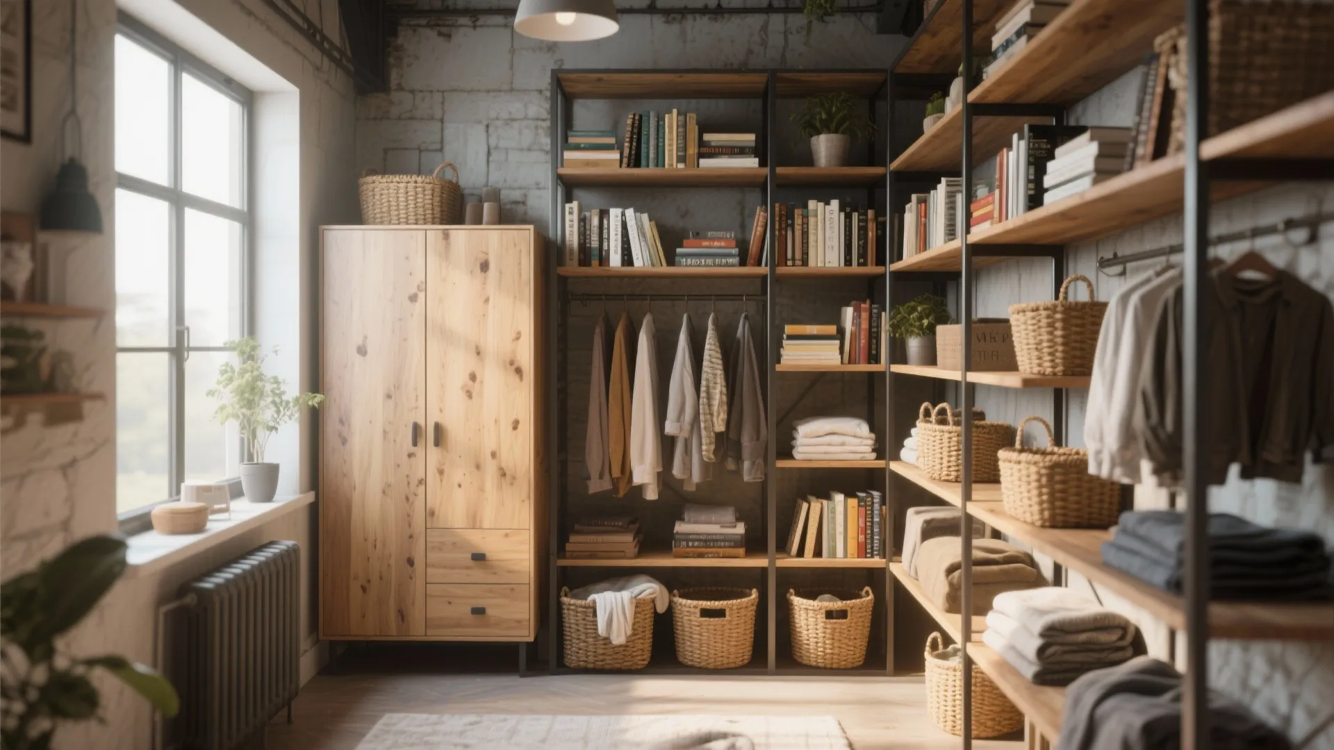 Industrial room with wooden cabinet, open shelves for books, hanging clothes, baskets, and natural light