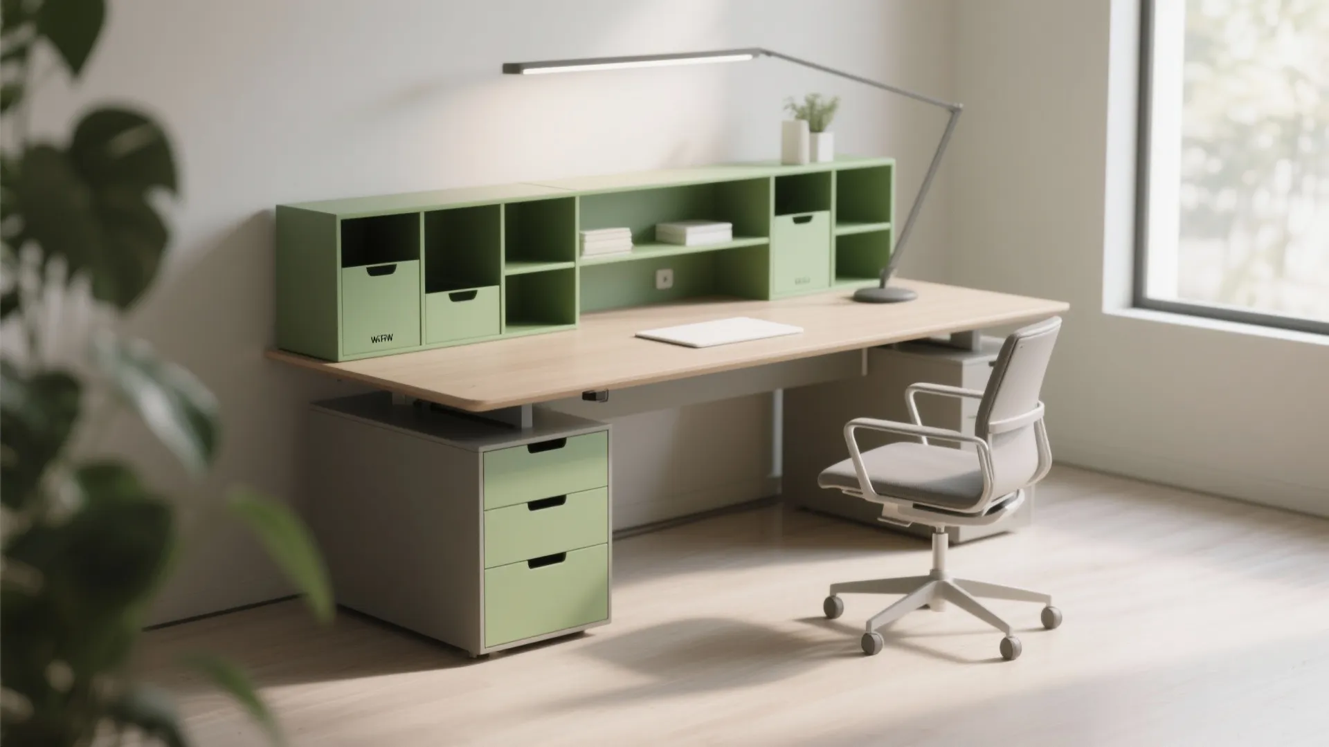 Modern wood desk with green storage shelves plus grey office chair under a tall lamp