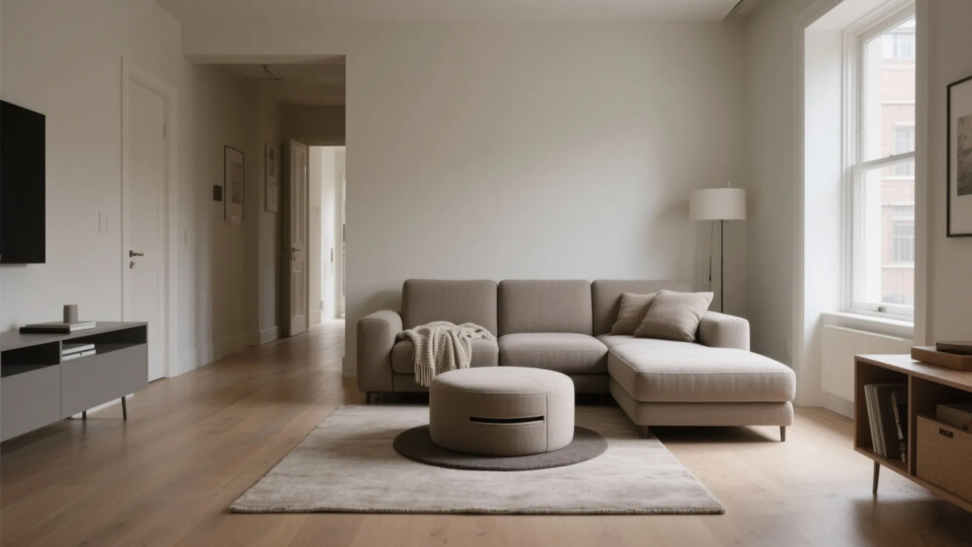Modular loveseat with rounded storage ottoman in a narrow living room, showing flexible layout and a clear walkway.