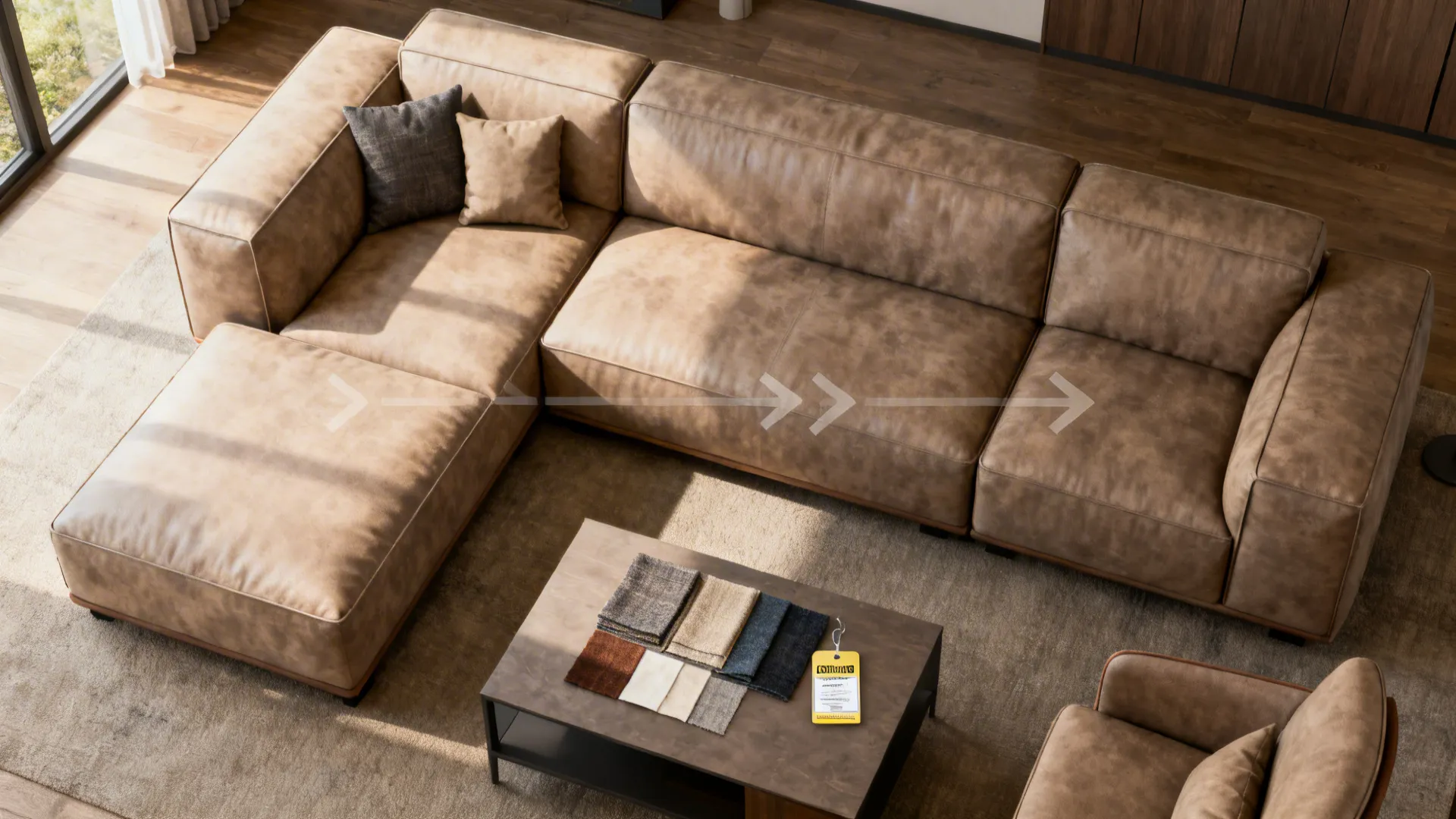 Top-down view of a modular sofa with a removable ottoman reconfigured into a chaise.