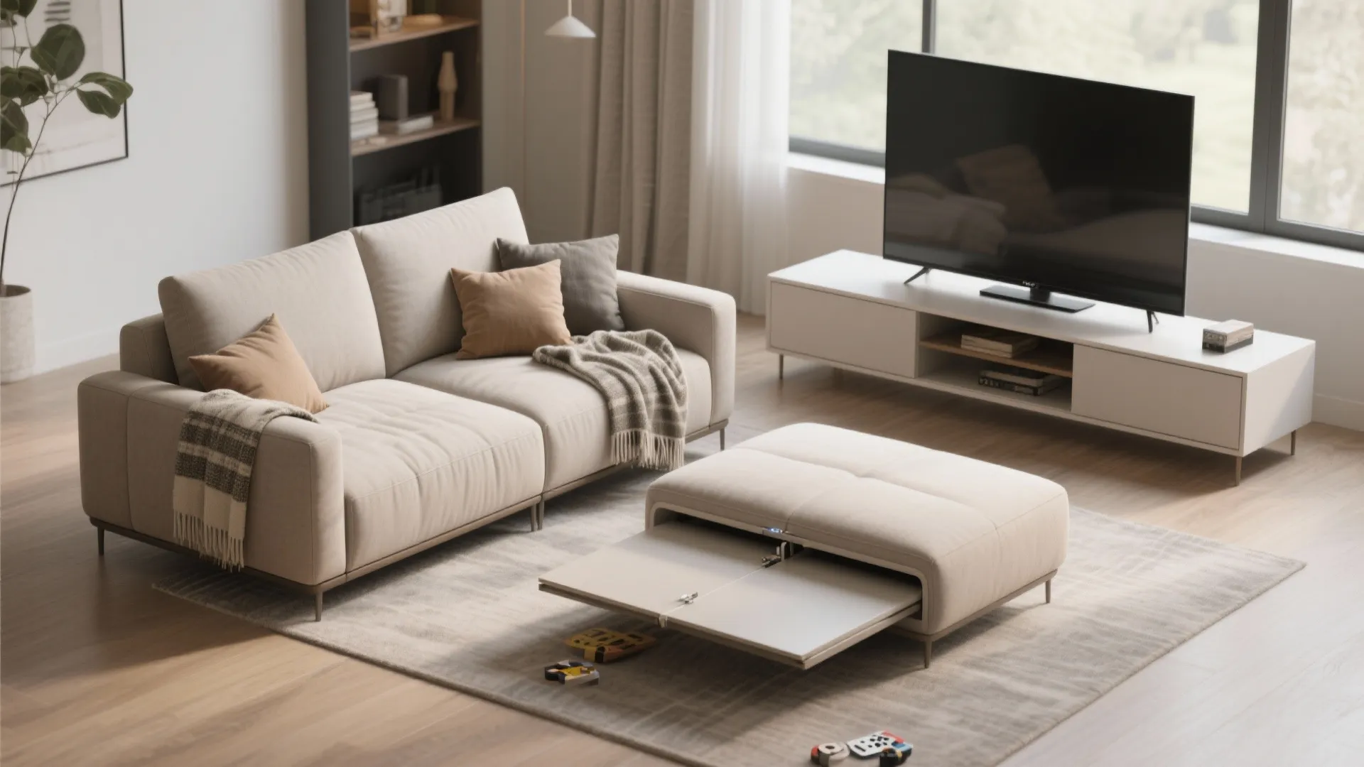 3. Modular Two-Seater + Ottoman + Minimalist TV Console