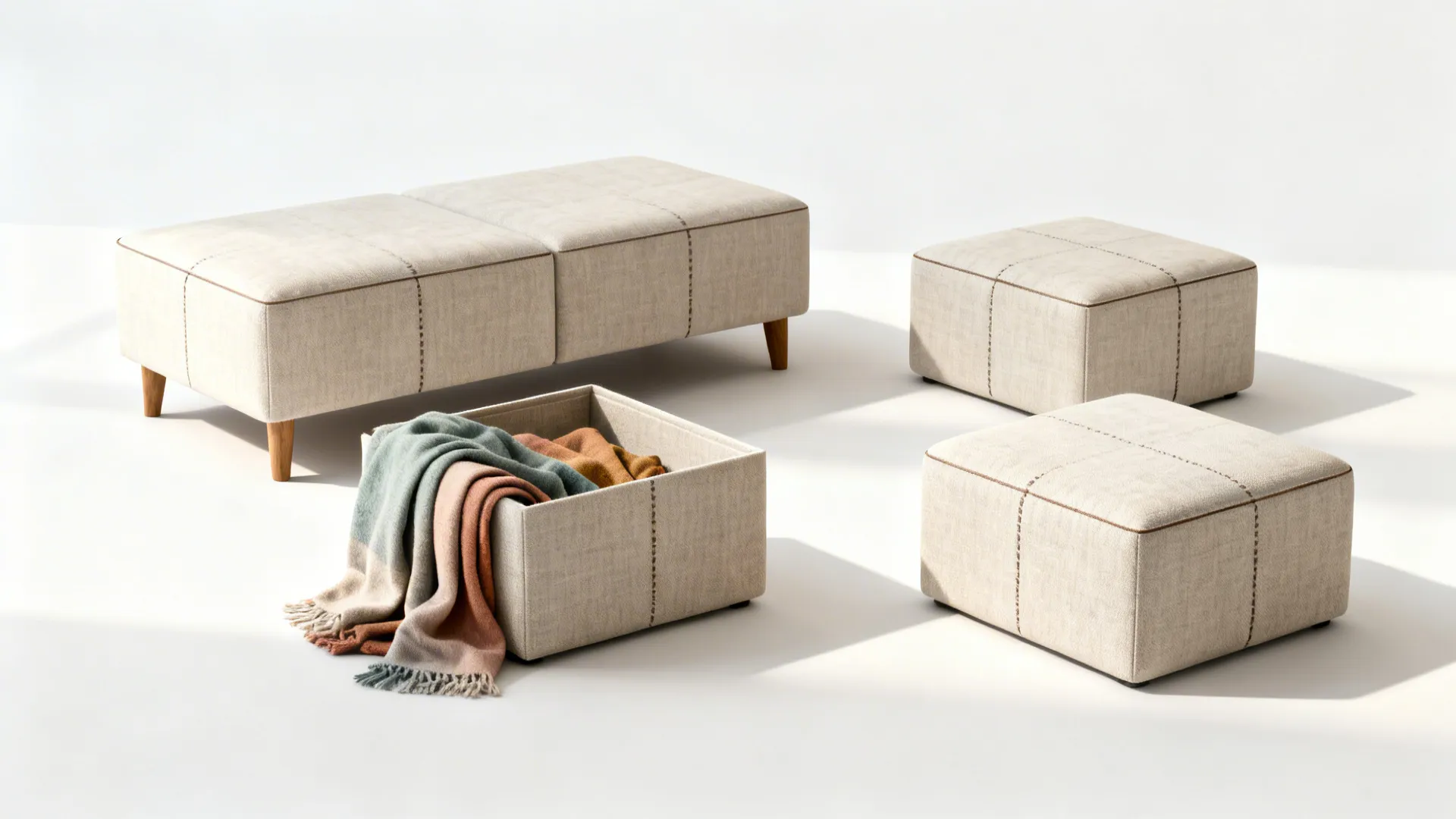 Modular ottoman cubes arranged as bench and individual stools with one cube open storing throws.