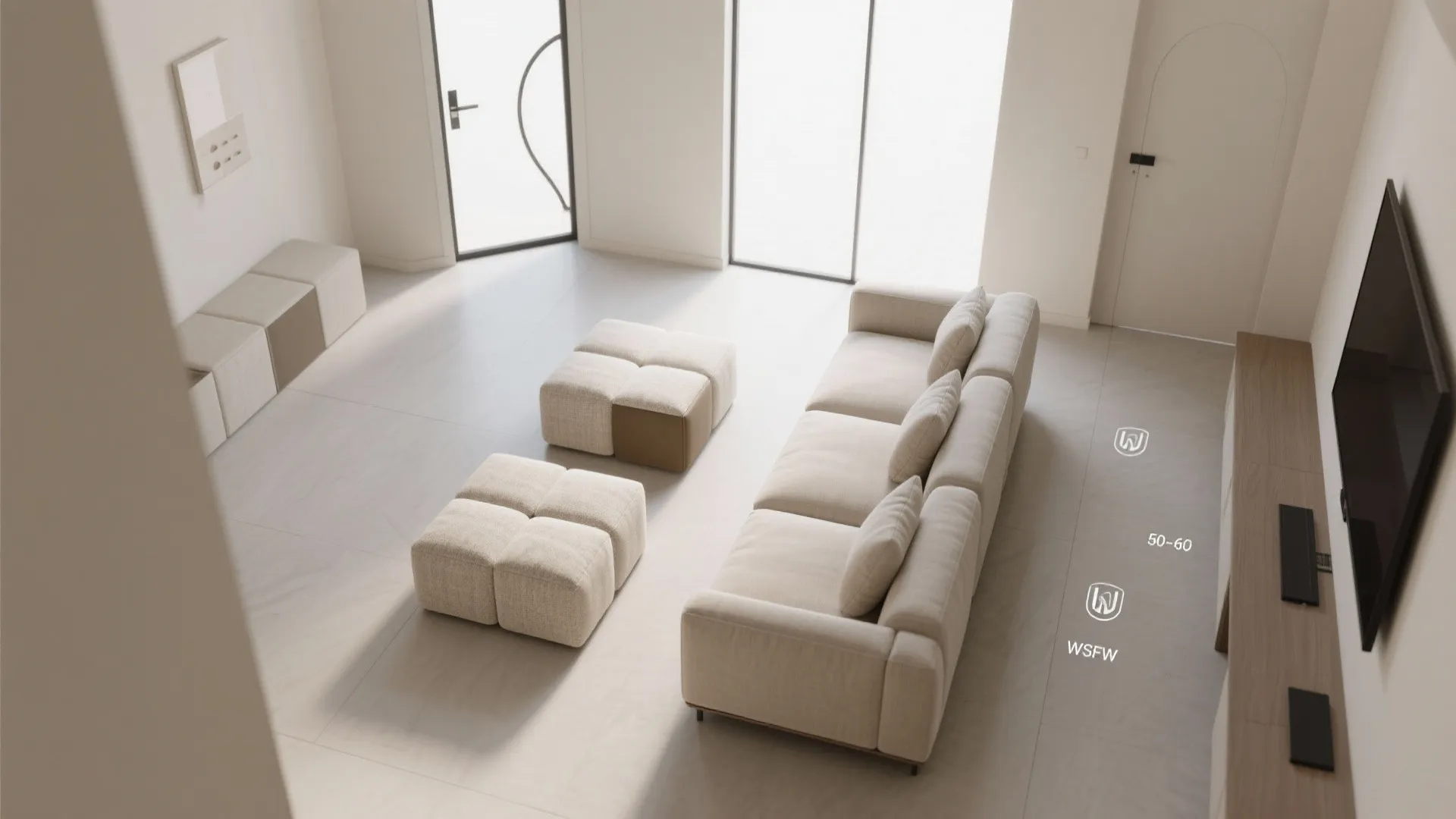 Top-down visualization of modular ottomans used as a chaise and split into flexible seating in a small living room.