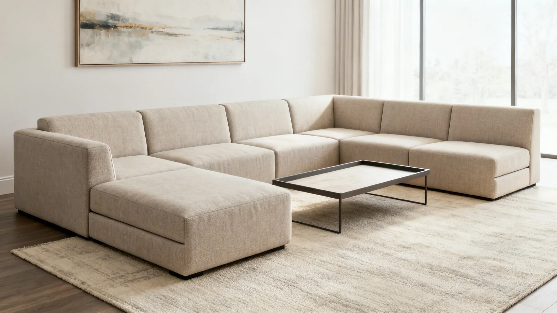 Compact sectional with tight upholstery and a modular ottoman used as a chaise or extra seating.