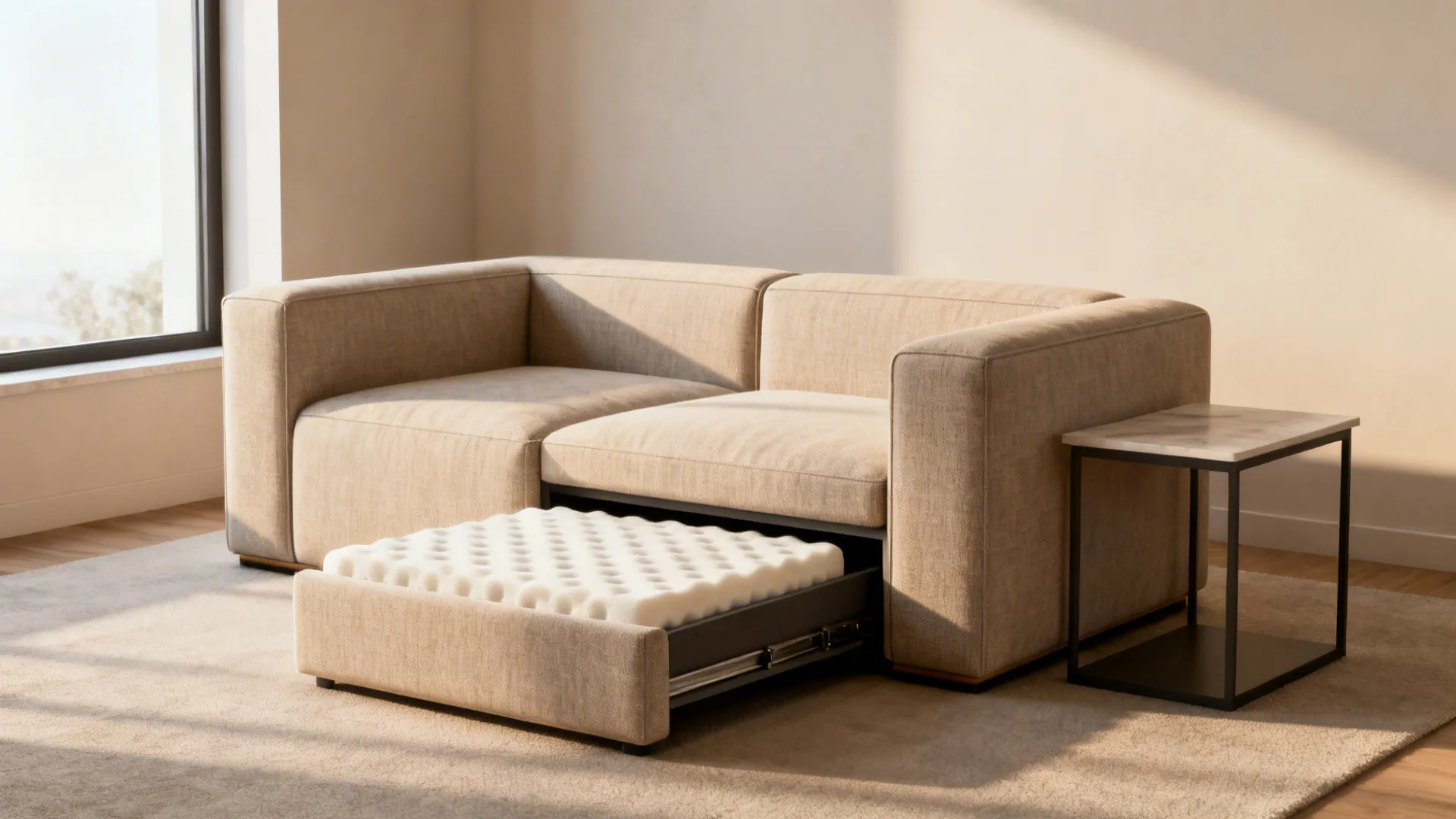 Compact modular sofa with storage ottoman slid under a nesting side table in a small living area.