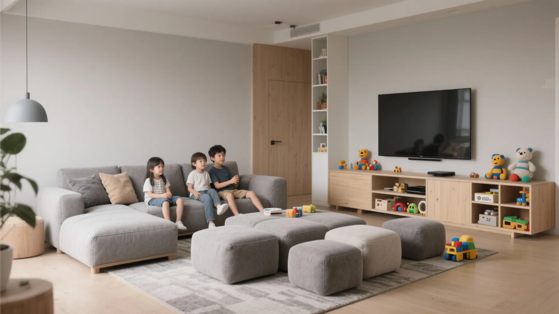 Three children sitting on grey sofa in living room with many grey footrests and toys