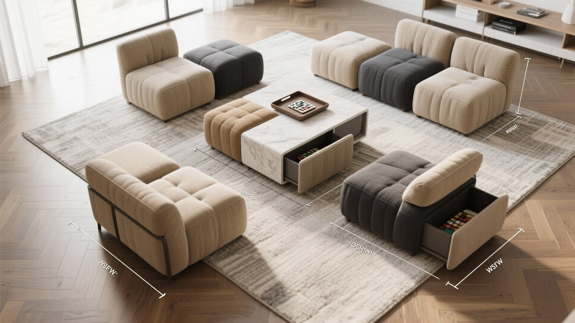 5. Modular Ottoman as Coffee Table and Extra Seating