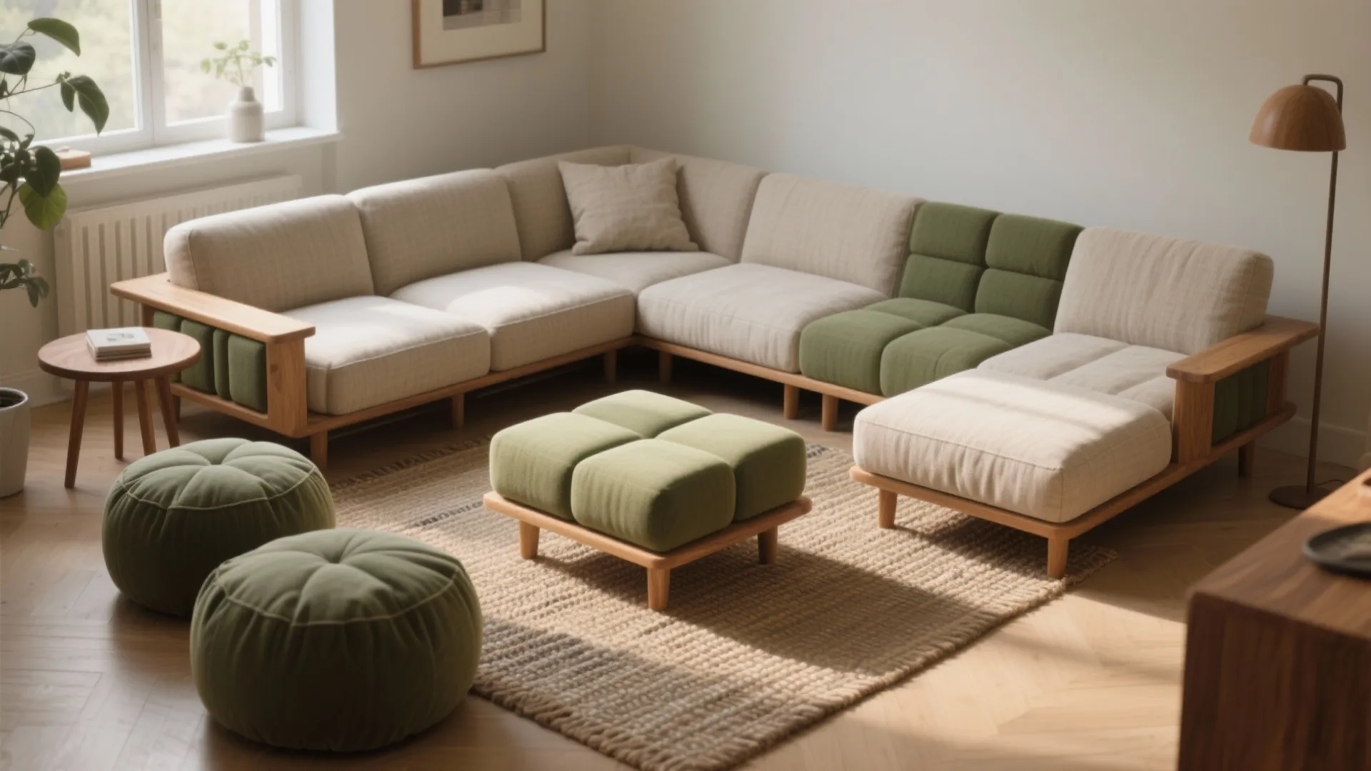 Modern living room with large beige and green sofa plus green footrest on jute rug