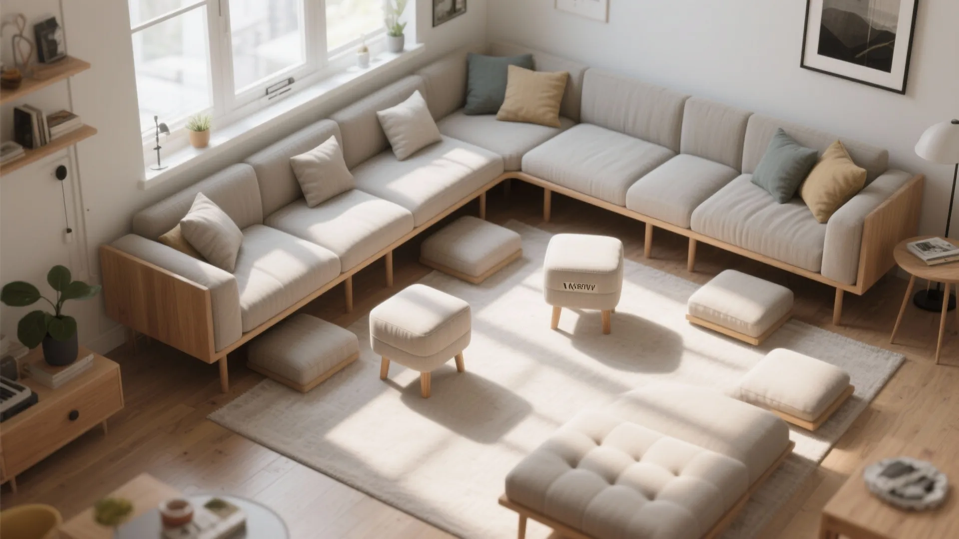 3. Modular ottoman + sofa combo (flexible seating)