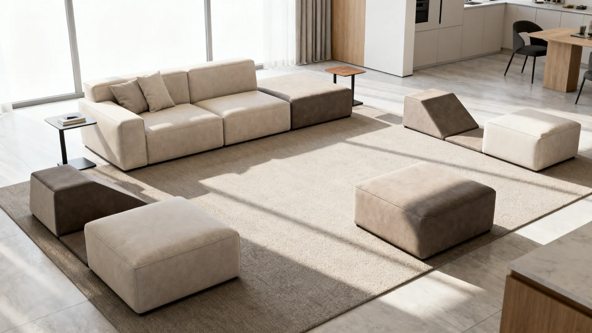 Modular ottoman cubes reconfigured as seats and side tables in a compact living room.