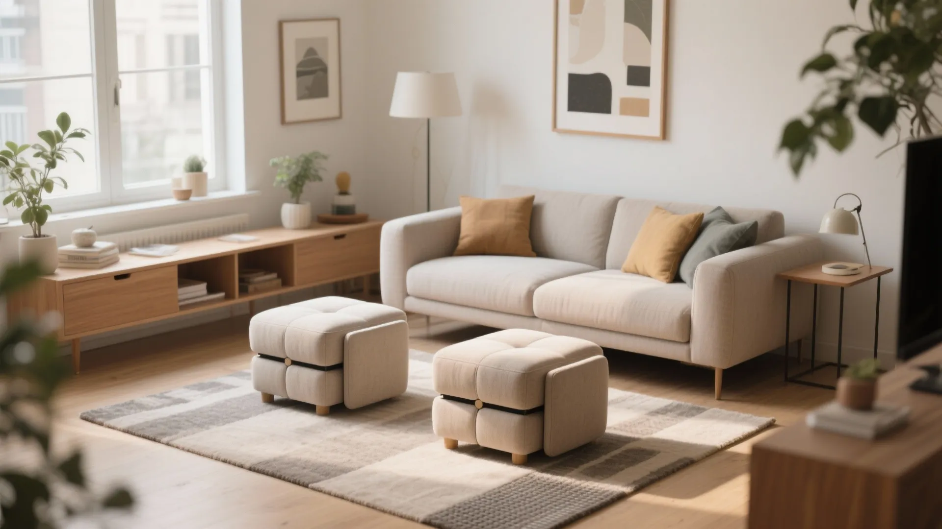 Small living room with two modular ottomans used as flexible seating near a sofa.