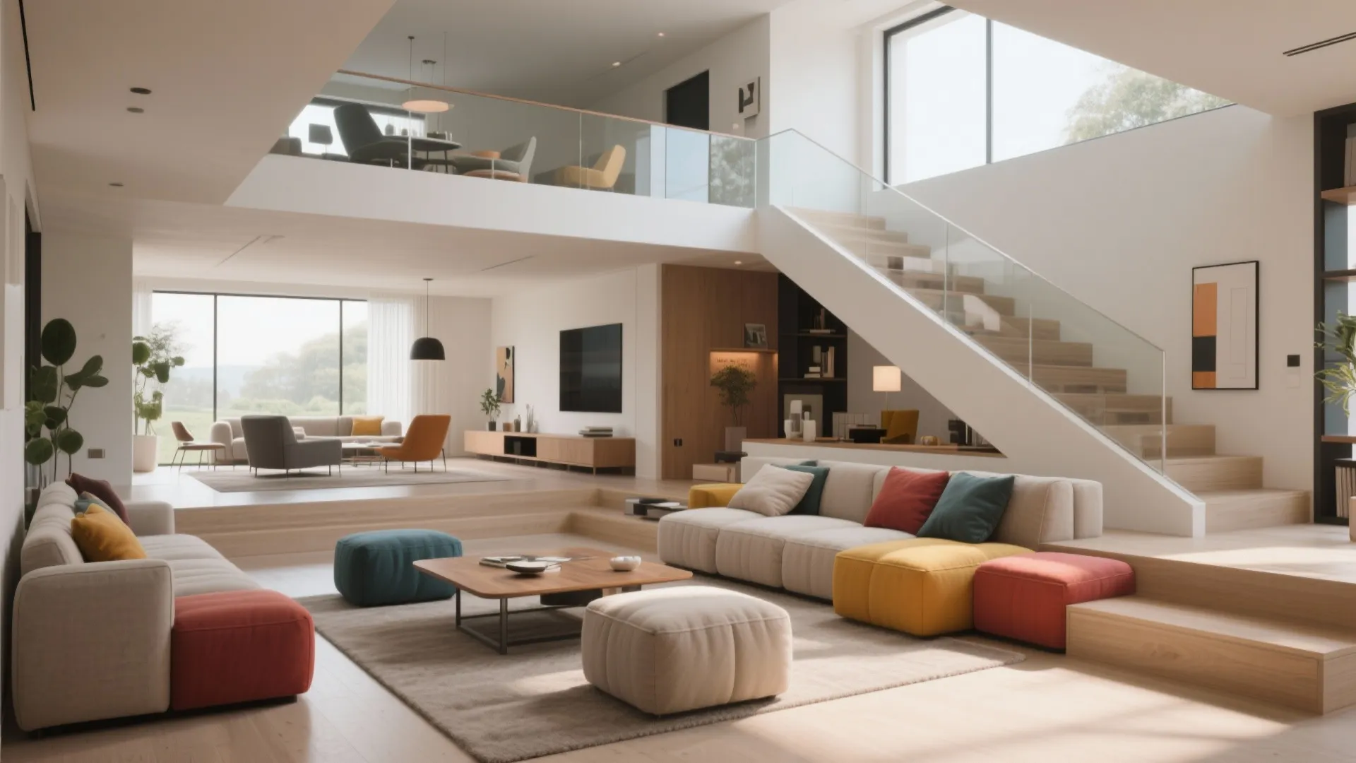 Modern split level living room with modular sofa colorful footrest seating and large wood staircase design