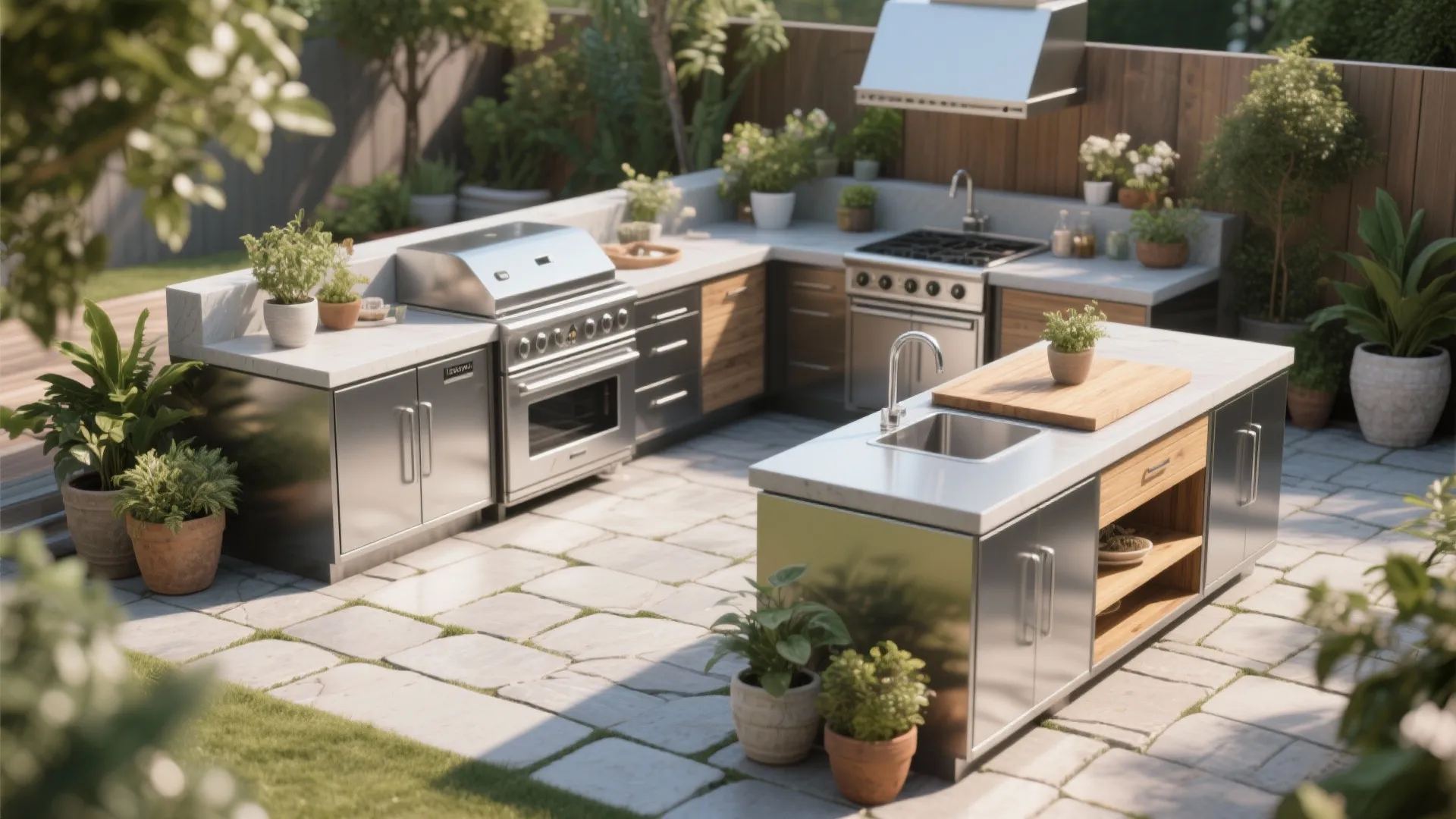 Modern outdoor kitchen with stainless steel grill and sink on a sunny stone paved patio