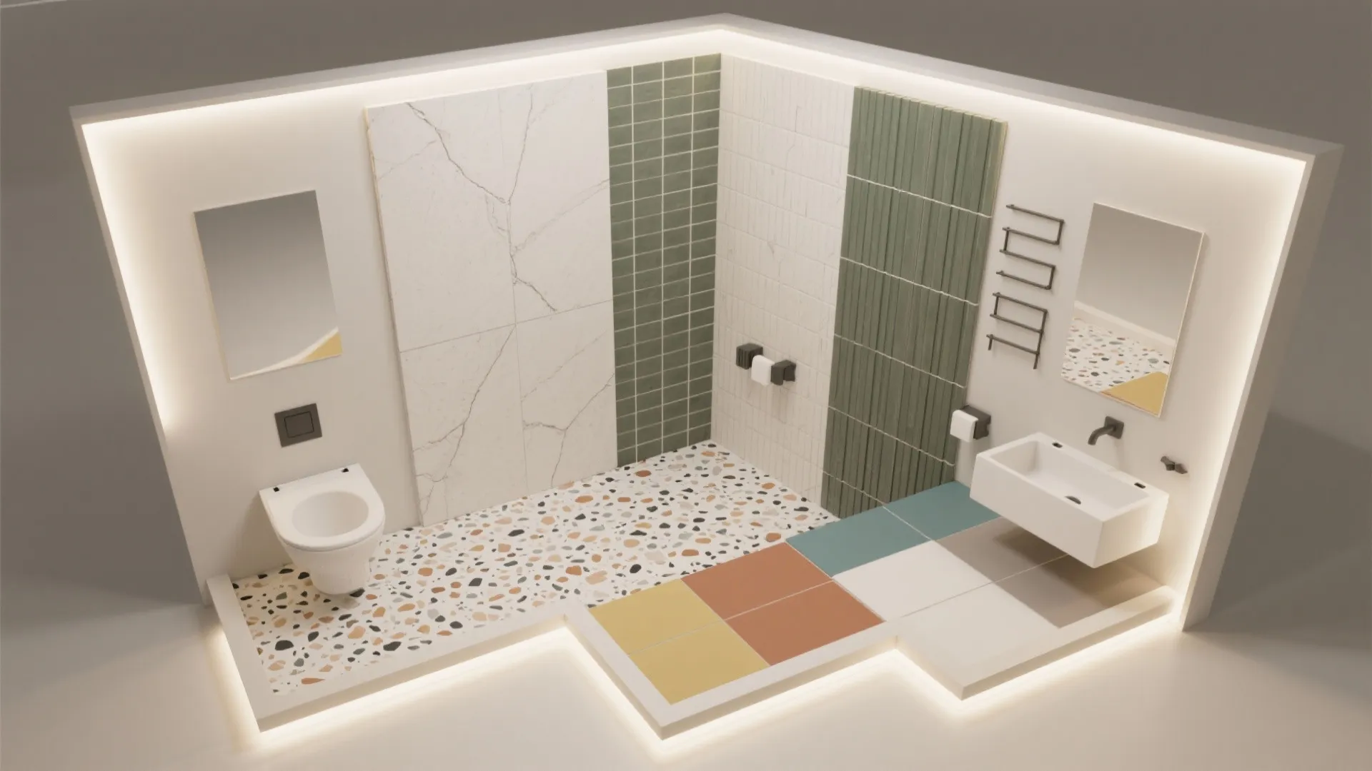 Interior design drawing showing bathroom layout with toilet sink mirror and various wall tile options