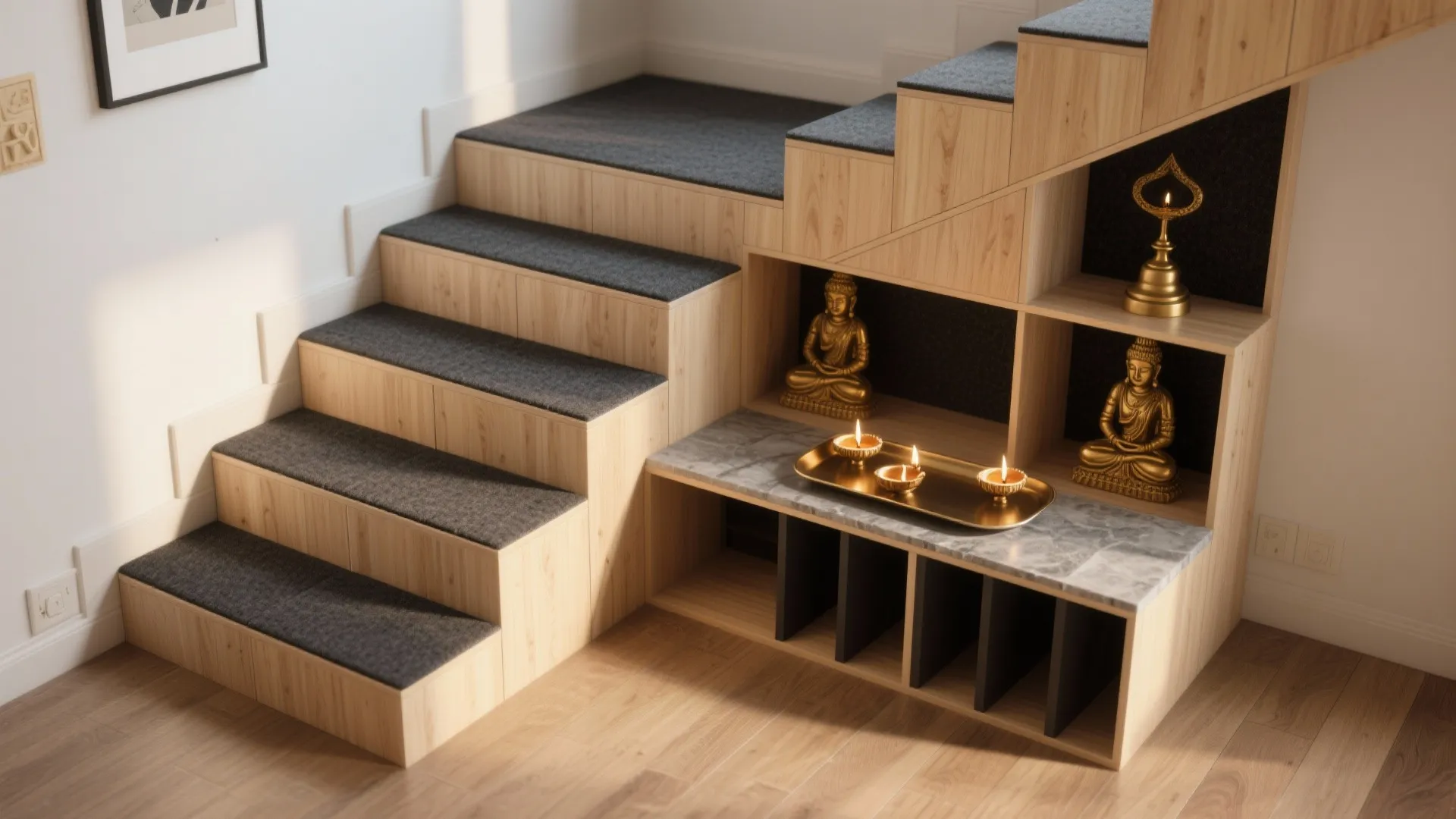 Wooden stairs with grey carpet steps and built-in storage shelves featuring gold statues and lamps