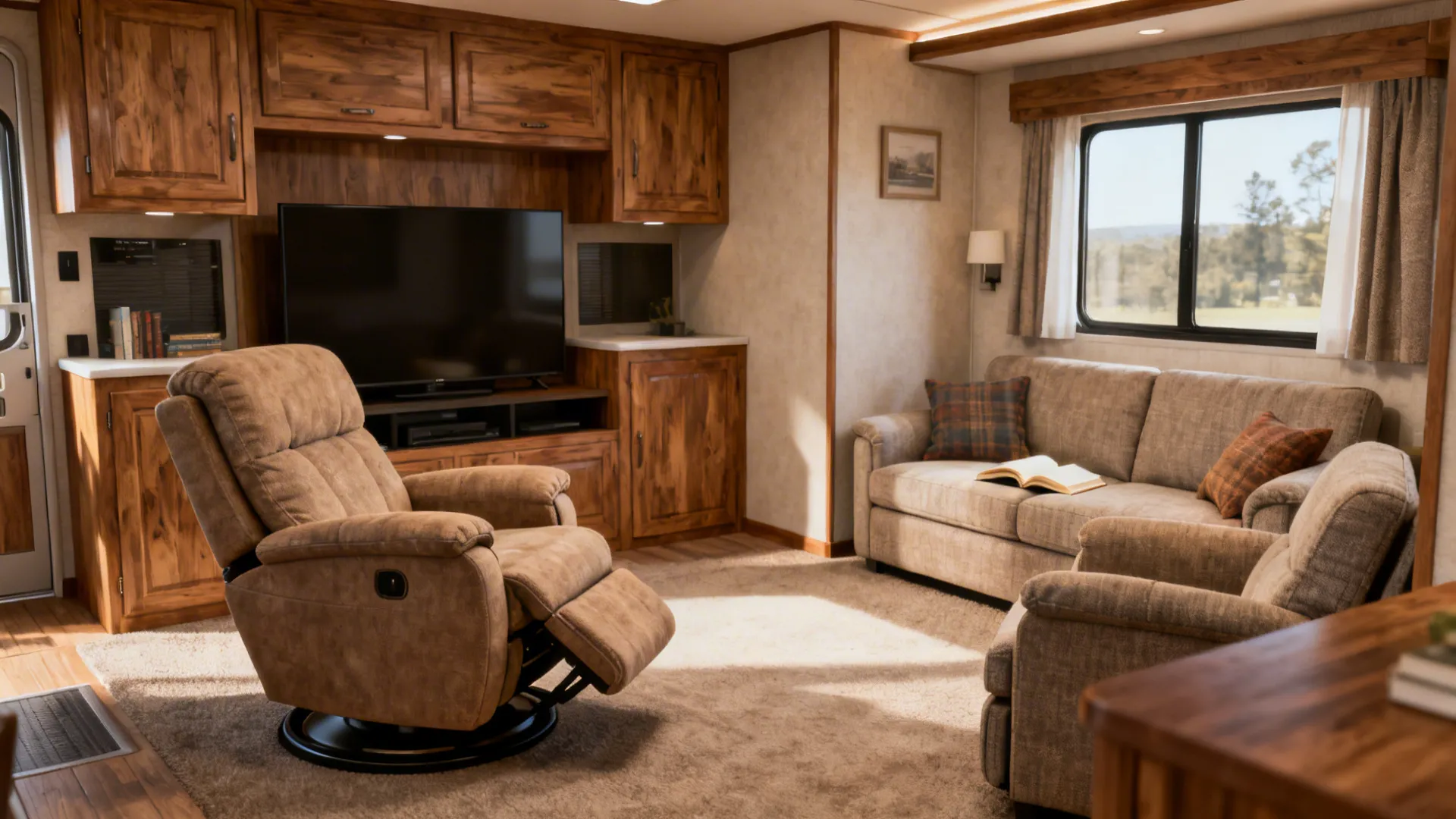 Small living area showing a swivel recliner paired with a compact loveseat creating separate TV and reading zones