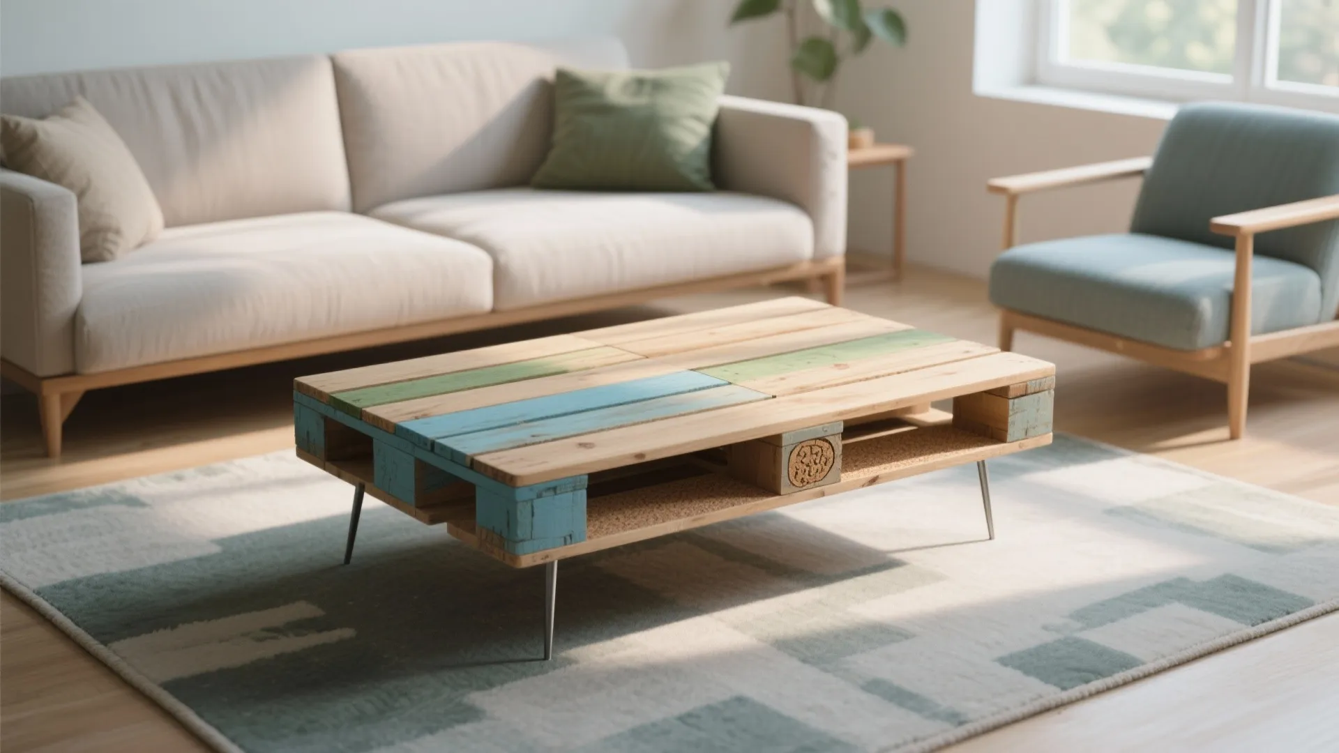 Modern living room featuring wood pallet coffee table on rug with beige sofa and armchair