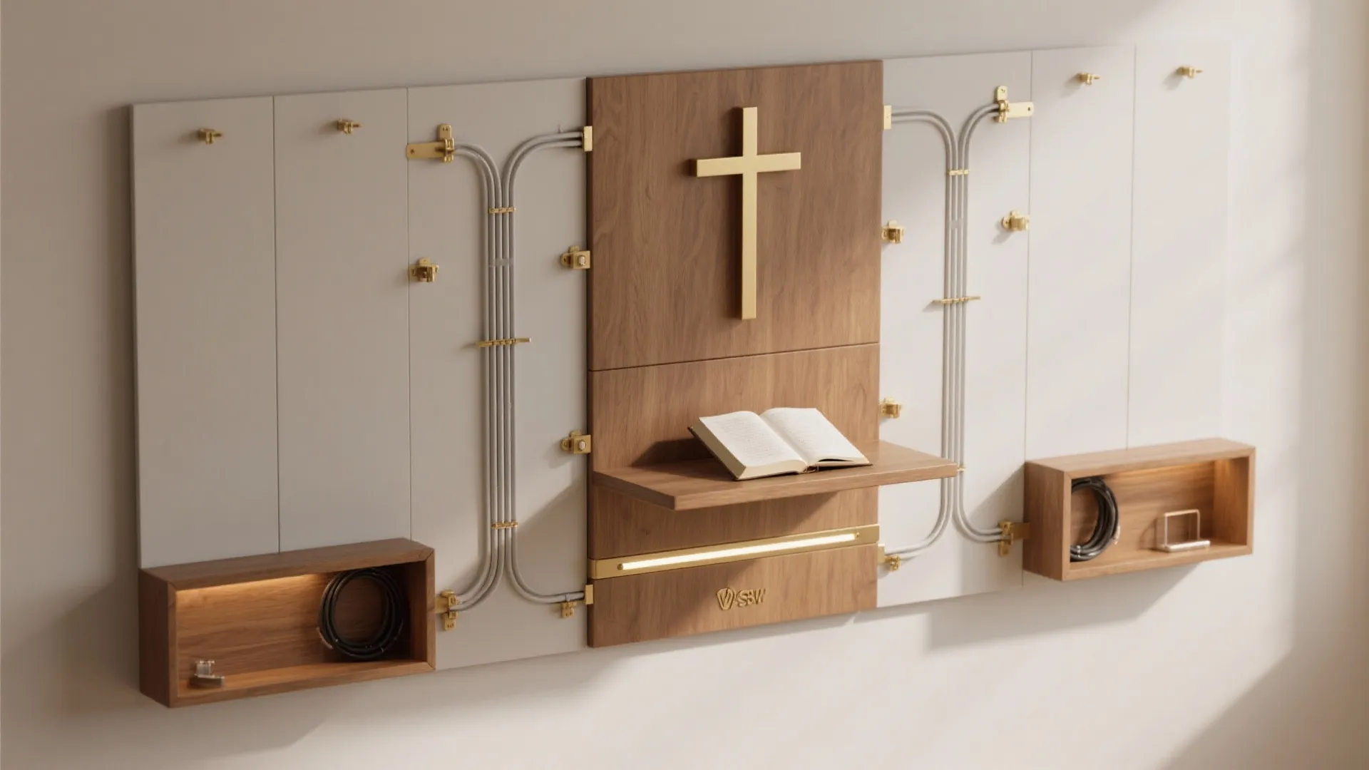 Modular wall panel design with gold cross open book small wooden cabinets and light fixtures