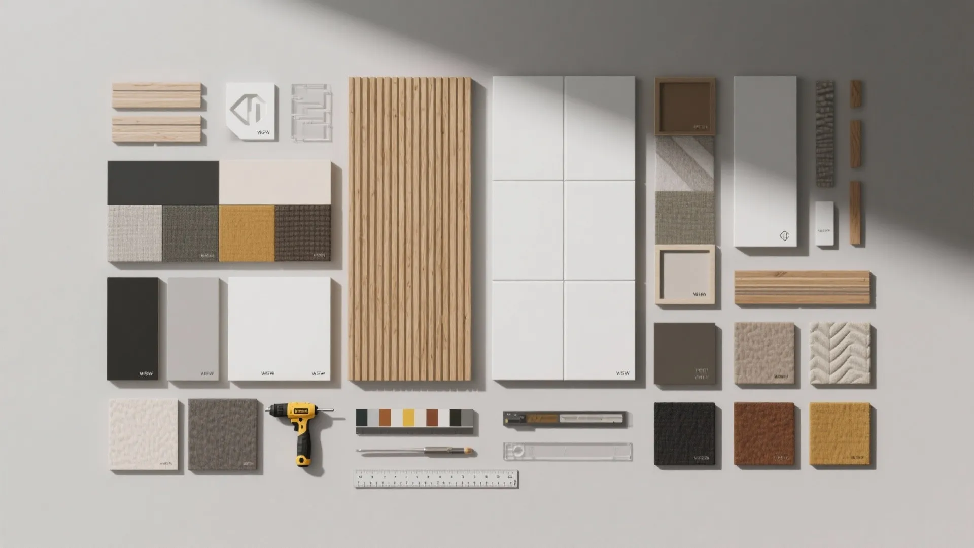 Collection of interior design material samples including wood panels fabric tiles and a yellow drill