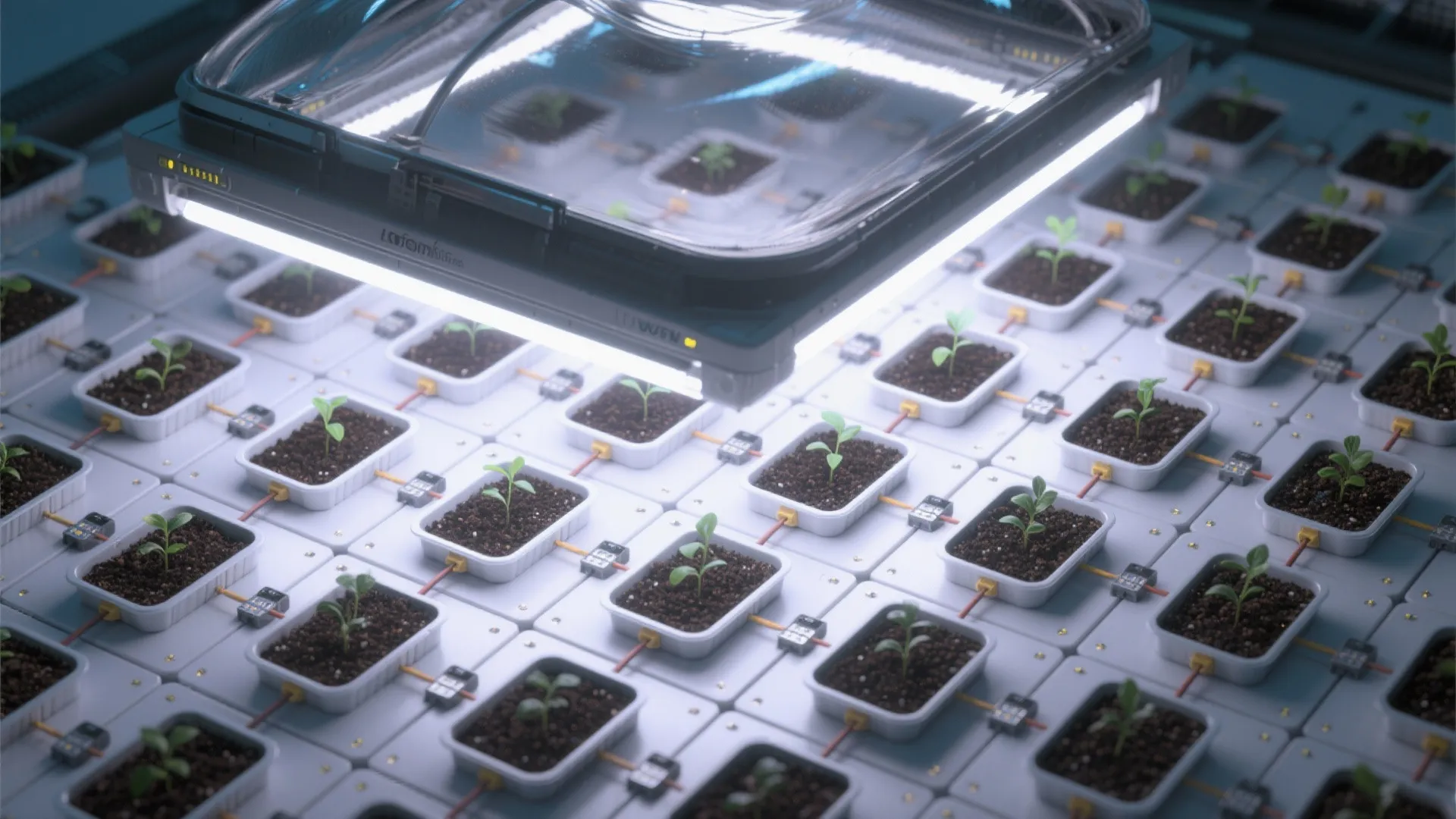 Smart indoor garden system with small green plants in white pots under bright grow lights