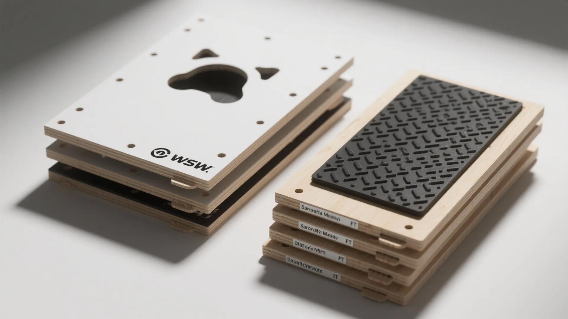 Stacked white and wood wall panel pieces showing hole details and black rubber grip surface