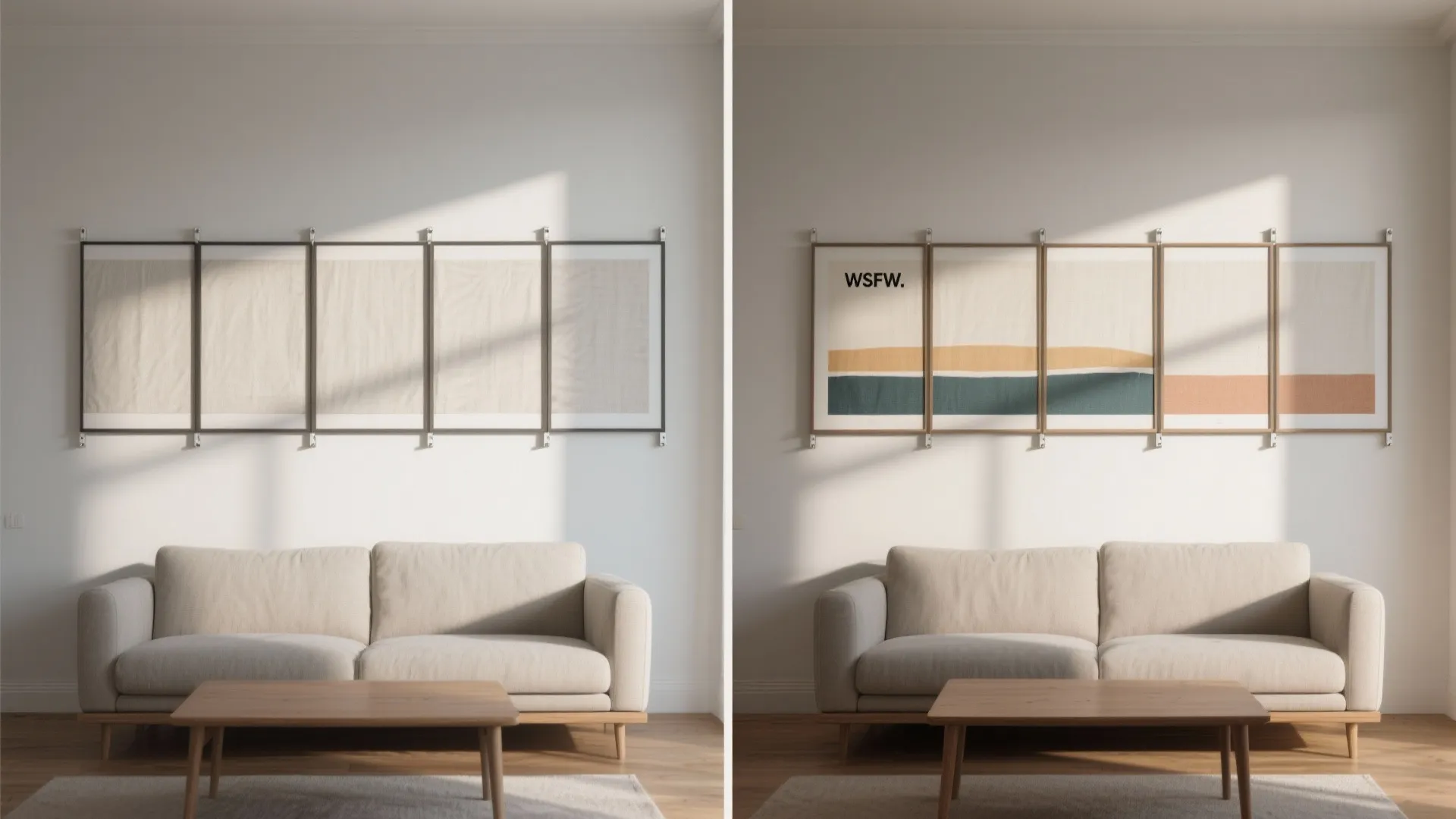 Before and after comparison showing plain wall panels versus colorful wall panels above a beige sofa