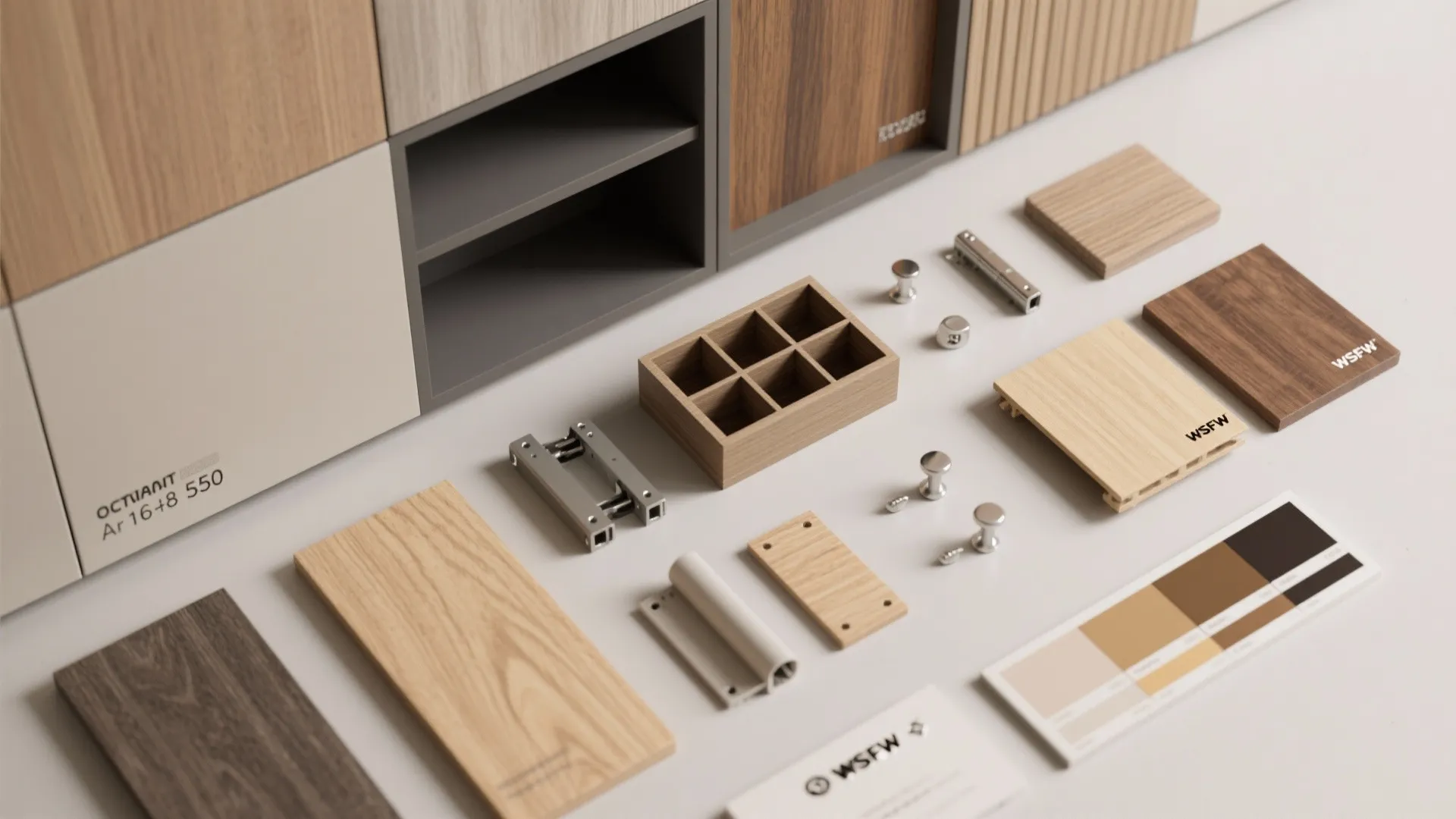 Interior design materials including wood samples, metal hardware, color palette cards, and small storage boxes