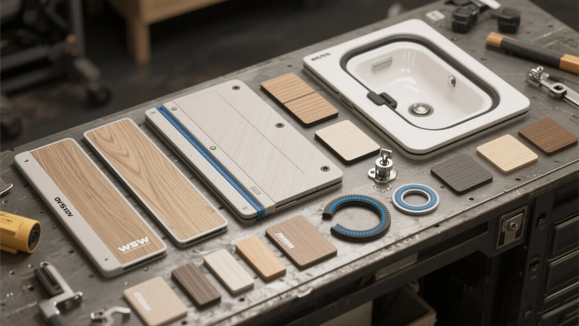 Various interior design materials including wall panel samples wood textures and a white sink on workbench